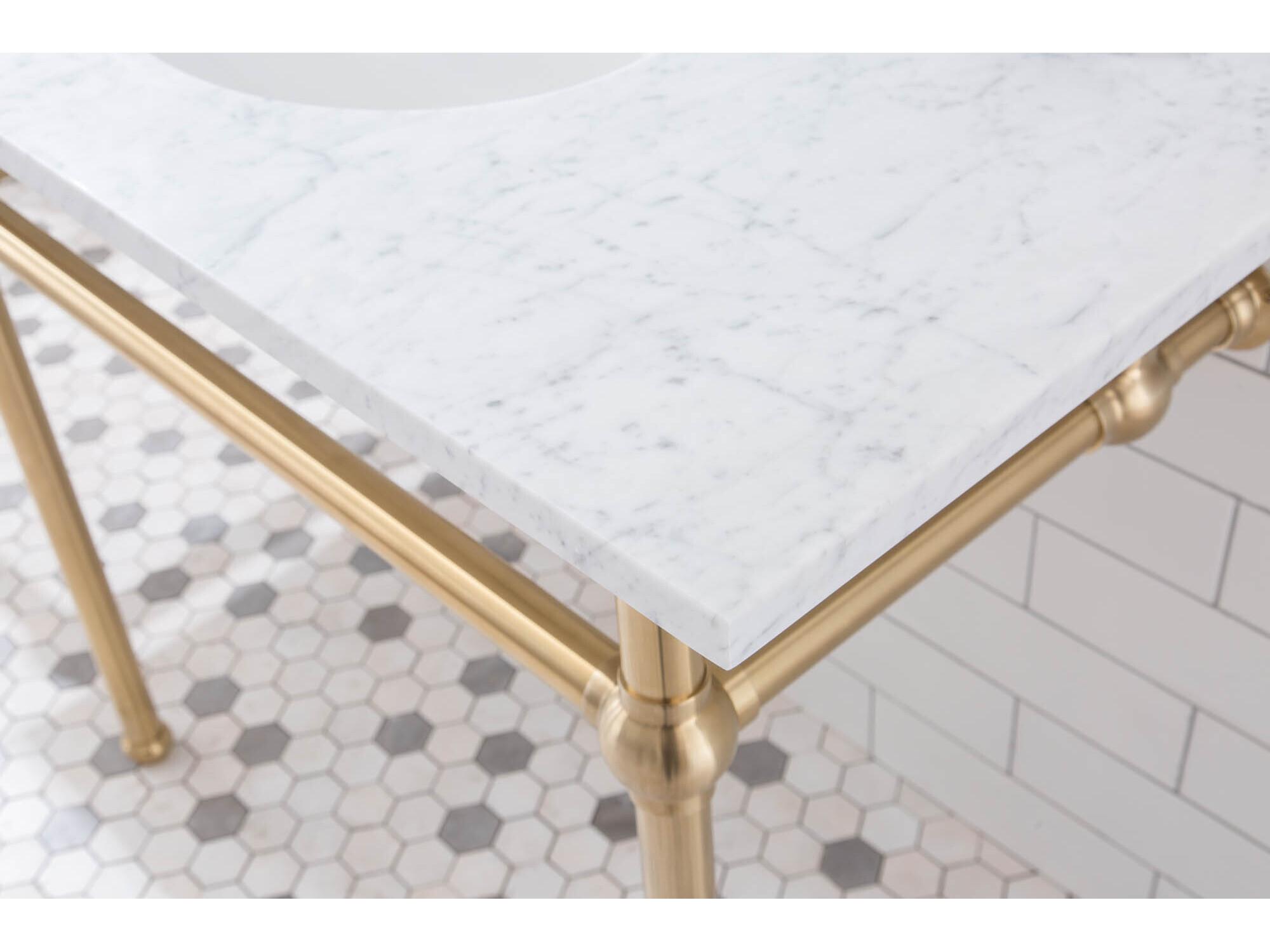 Water Creation Embassy  Double Wash Stand, P-Trap, Carrara White Marble Countertop with Oval Basins, Hook Faucets and Rectangular Pivot Mirrors in Satin Gold Finish