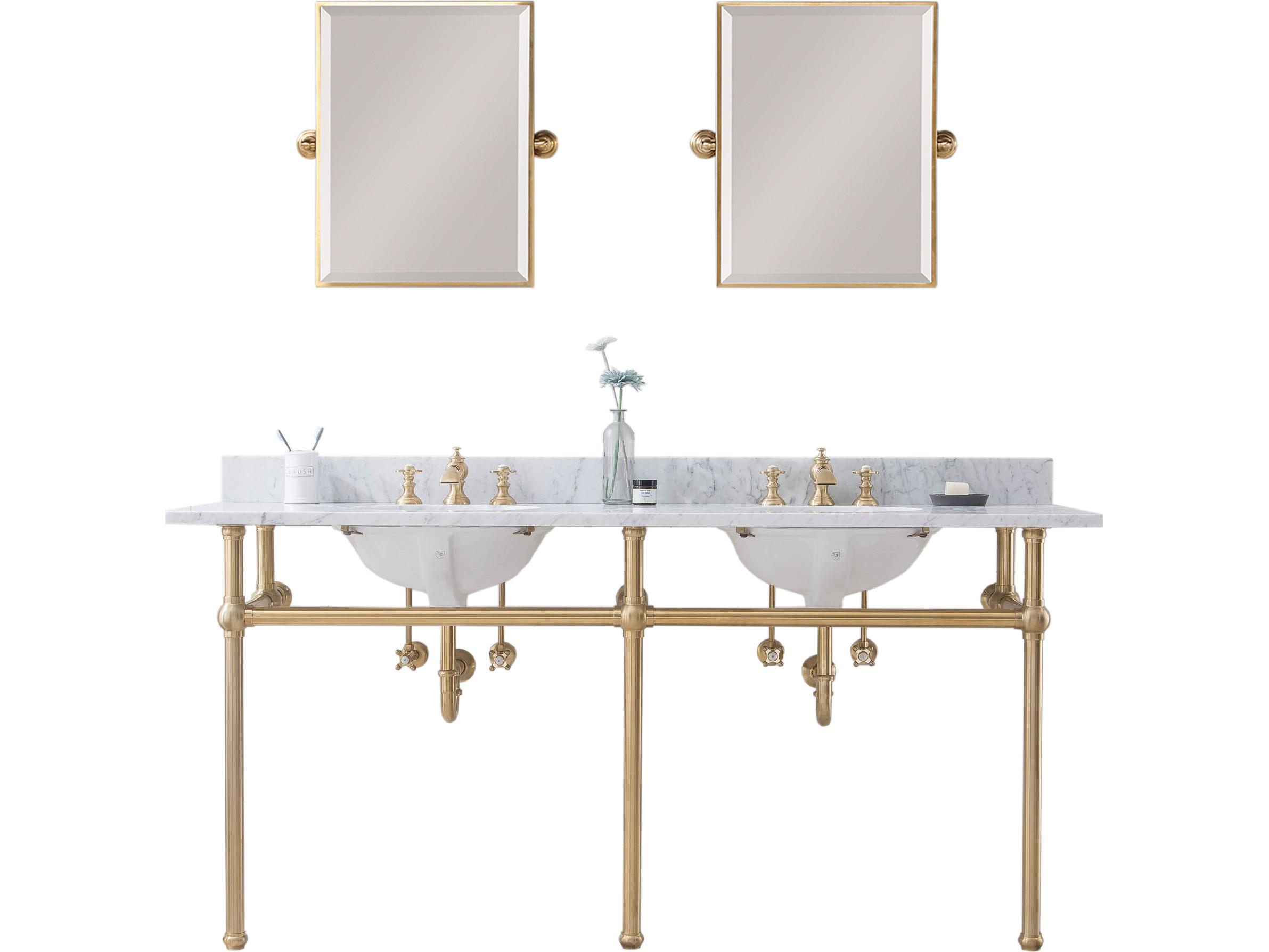Water Creation Embassy Double Wash Stand, P-Trap, Carrara White Marble Countertop with Oval Basins, Waterfall Faucets and Rectangular Pivot Mirrors in Satin Gold Finish