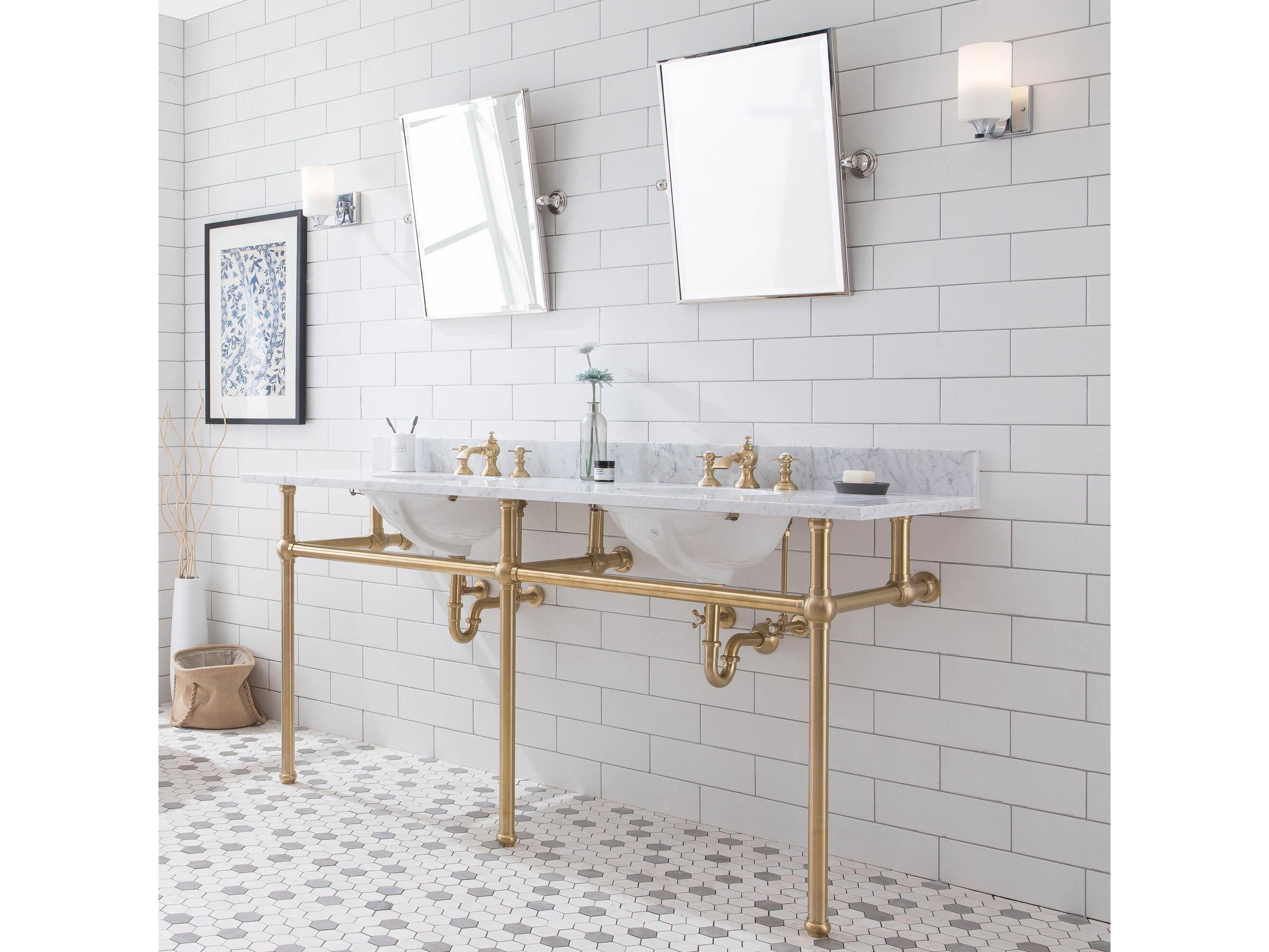 Water Creation Embassy Double Wash Stand, P-Trap, Carrara White Marble Countertop with Oval Basins, Waterfall Faucets and Rectangular Pivot Mirrors in Satin Gold Finish