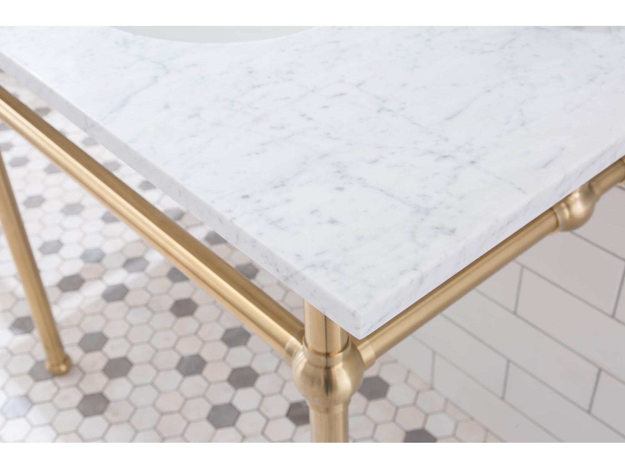 Water Creation Embassy Double Wash Stand, P-Trap, Carrara White Marble Countertop with Oval Basins, Waterfall Faucets and Rectangular Pivot Mirrors in Satin Gold Finish