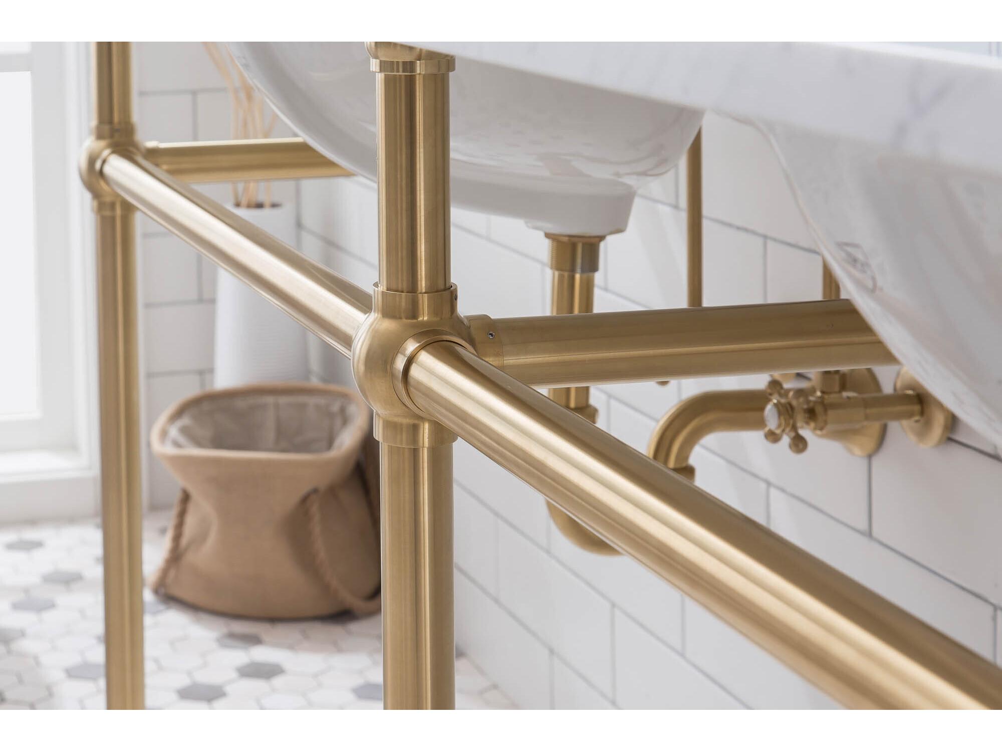 Water Creation Embassy Double Wash Stand, P-Trap, Carrara White Marble Countertop with Oval Basins, Waterfall Faucets and Rectangular Pivot Mirrors in Satin Gold Finish