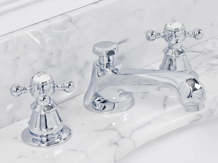 Water Creation Nerida Widespread Deck Mount Lavatory Faucets With Pop-Up Drain in Chrome Finish With Metal Cross Handles