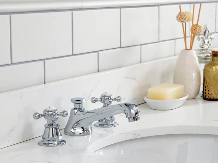 Water Creation Nerida Widespread Deck Mount Lavatory Faucets With Pop-Up Drain in Chrome Finish With Metal Cross Handles