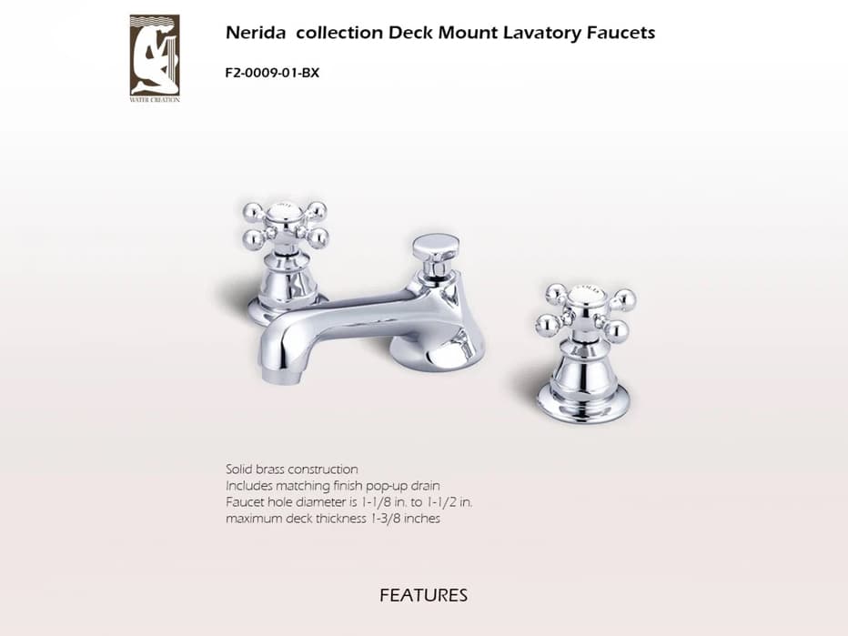 Water Creation Nerida Widespread Deck Mount Lavatory Faucets With Pop-Up Drain in Chrome Finish With Metal Cross Handles