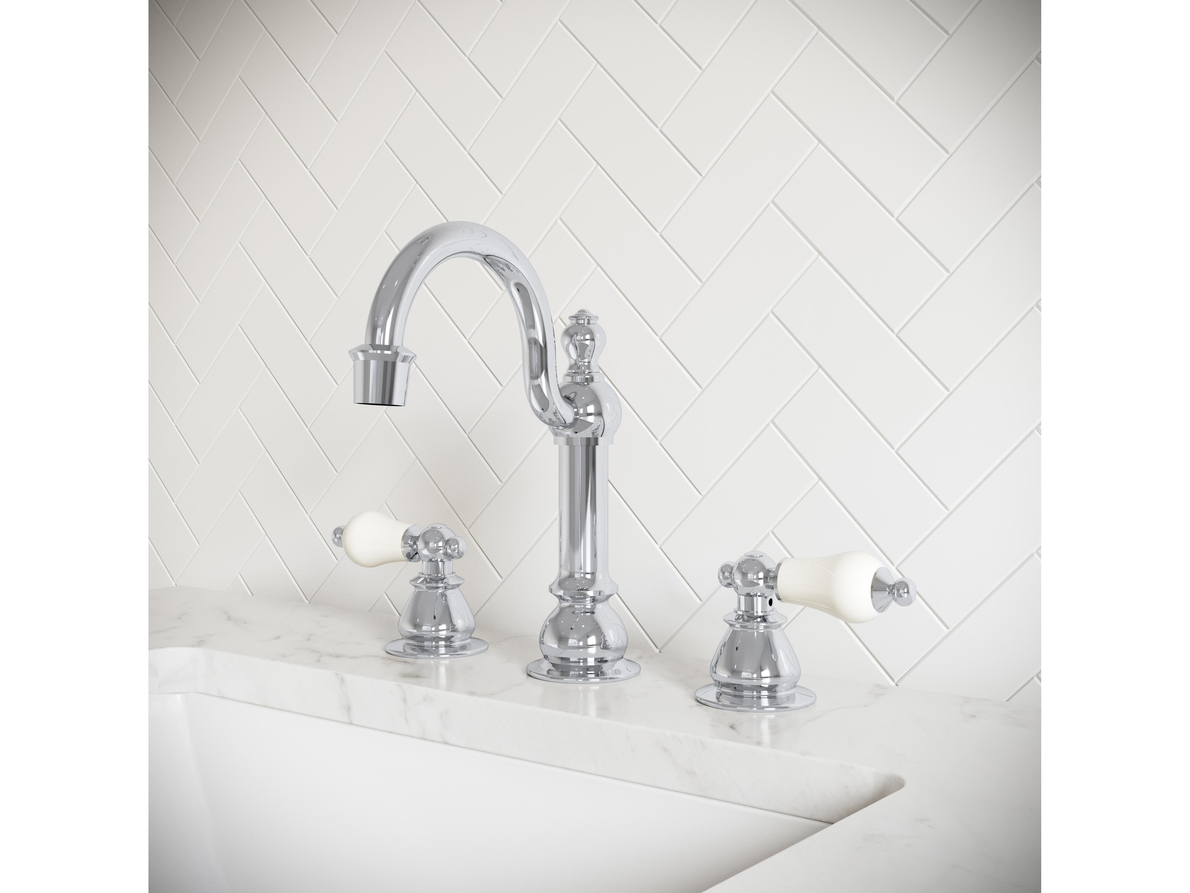 Water Creation Bea – Chrome Finish with Porcelain Lever Handles, Hook Spout