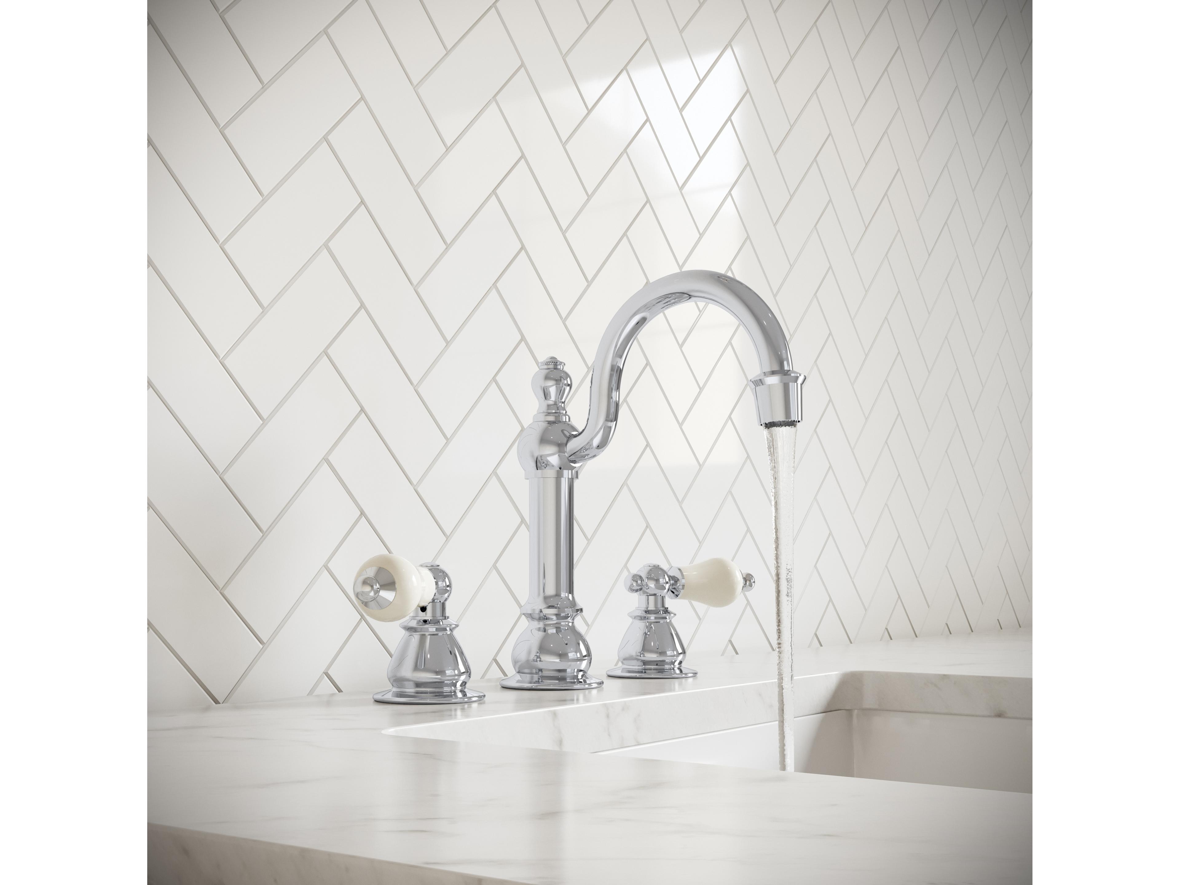 Water Creation Bea – Chrome Finish with Porcelain Lever Handles, Hook Spout