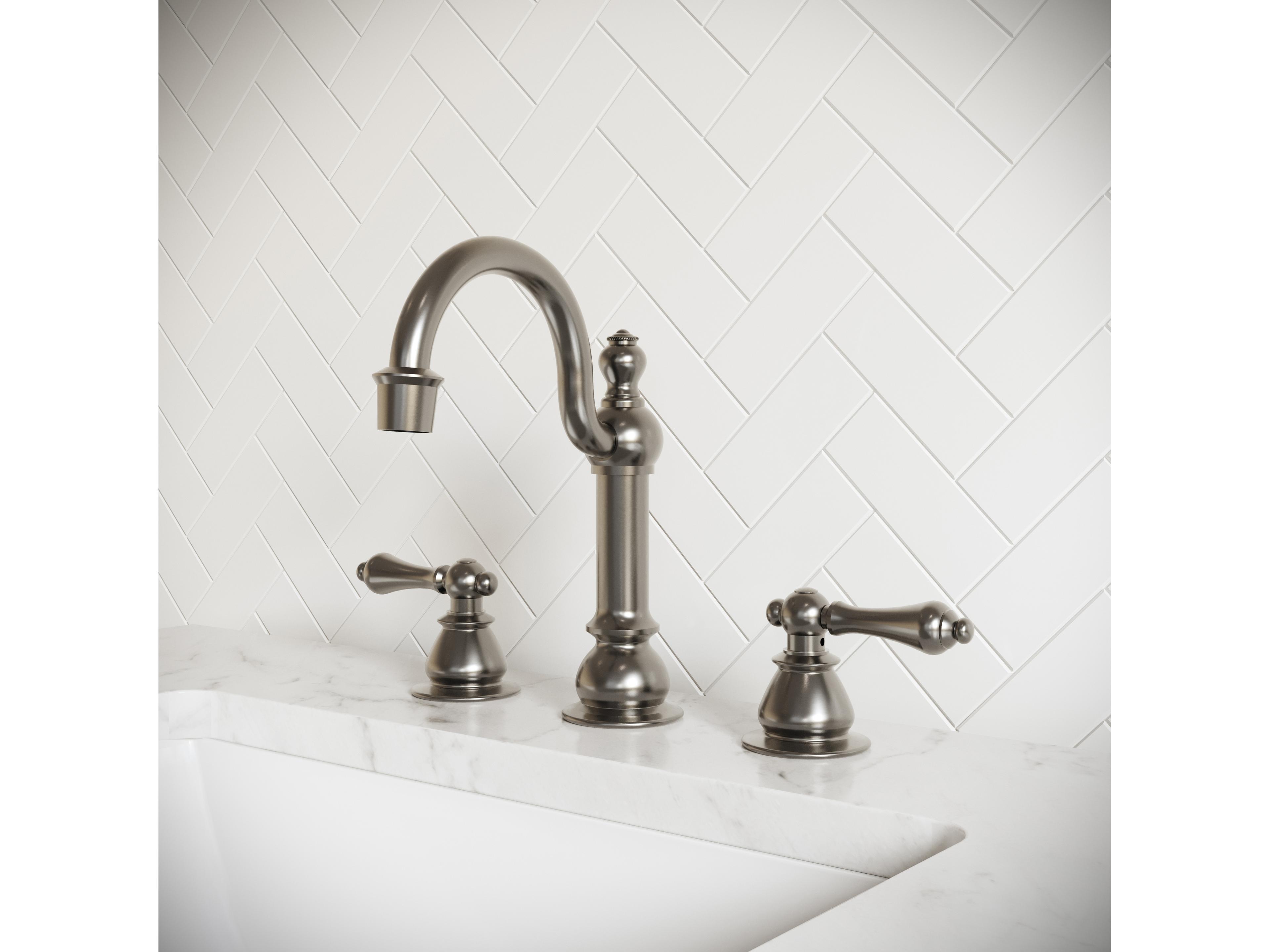 Water Creation Bea Classic Hook Spout Widespread Deck Mount Lavatory Faucets With Pop-Up Drain in Brushed Nickel Finish With Metal Lever Handles