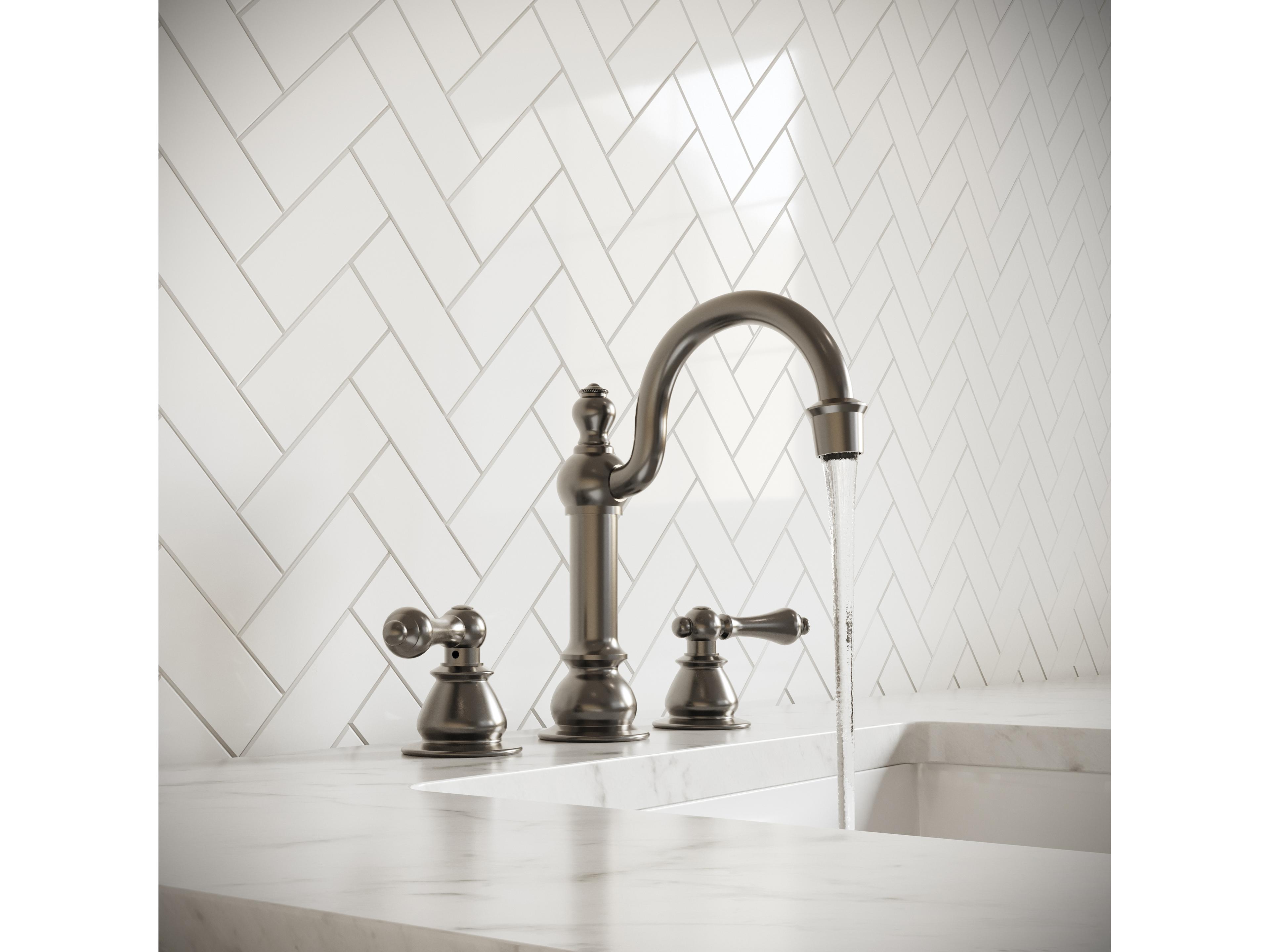 Water Creation Bea Classic Hook Spout Widespread Deck Mount Lavatory Faucets With Pop-Up Drain in Brushed Nickel Finish With Metal Lever Handles