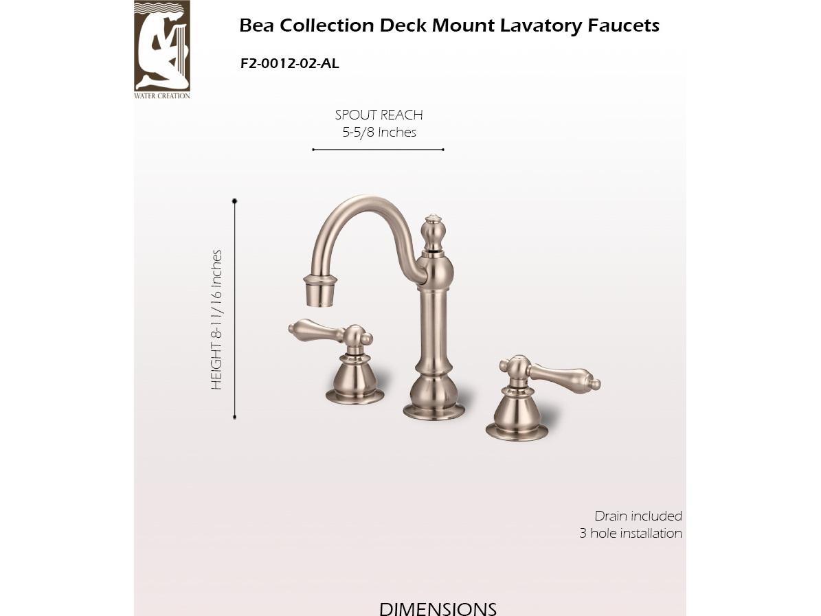 Water Creation Bea Classic Hook Spout Widespread Deck Mount Lavatory Faucets With Pop-Up Drain in Brushed Nickel Finish With Metal Lever Handles