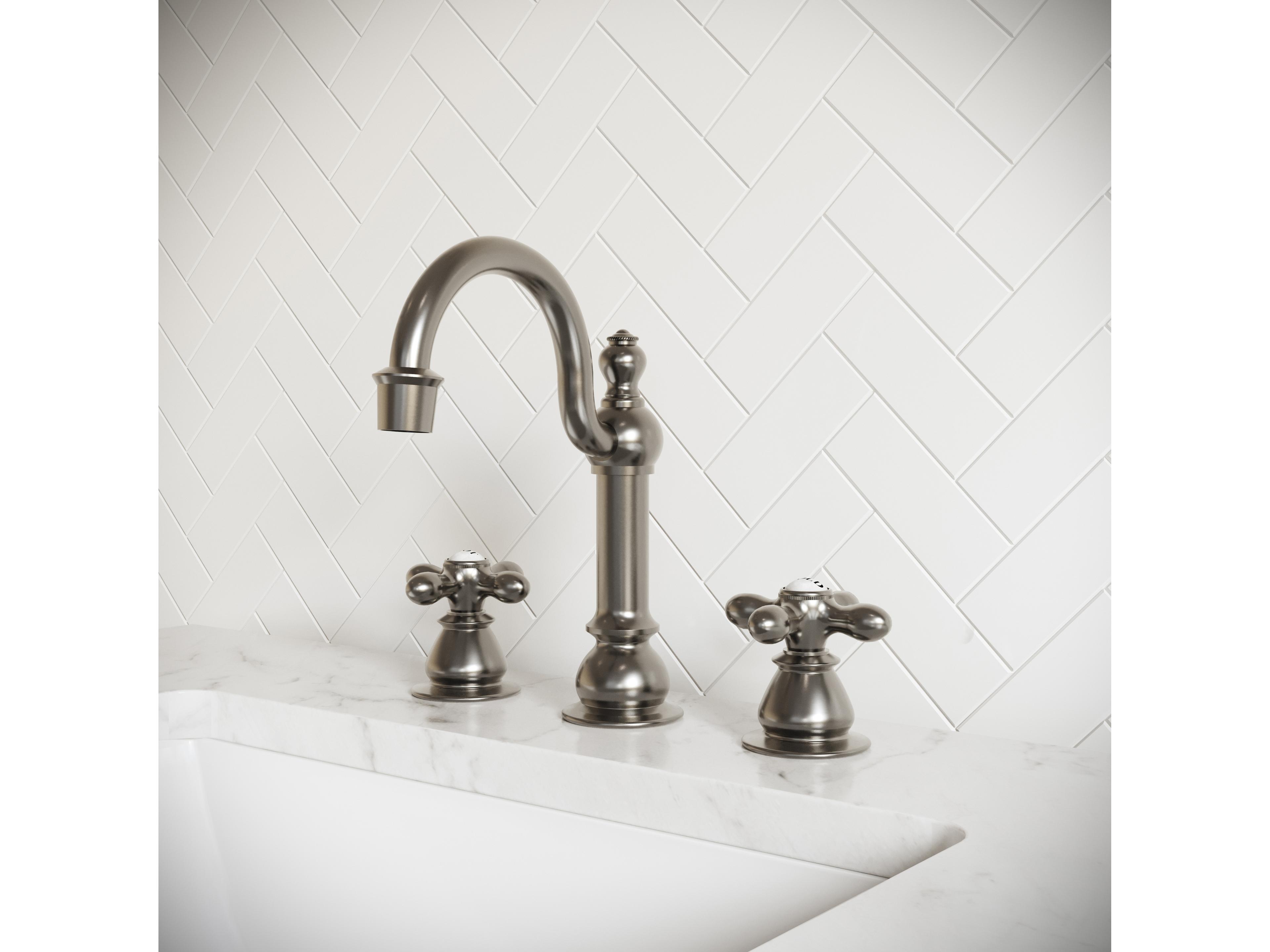 Water Creation Bea Classic Hook Spout Widespread Deck Mount Lavatory Faucets With Pop-Up Drain in Brushed Nickel Finish With Metal Cross Handles