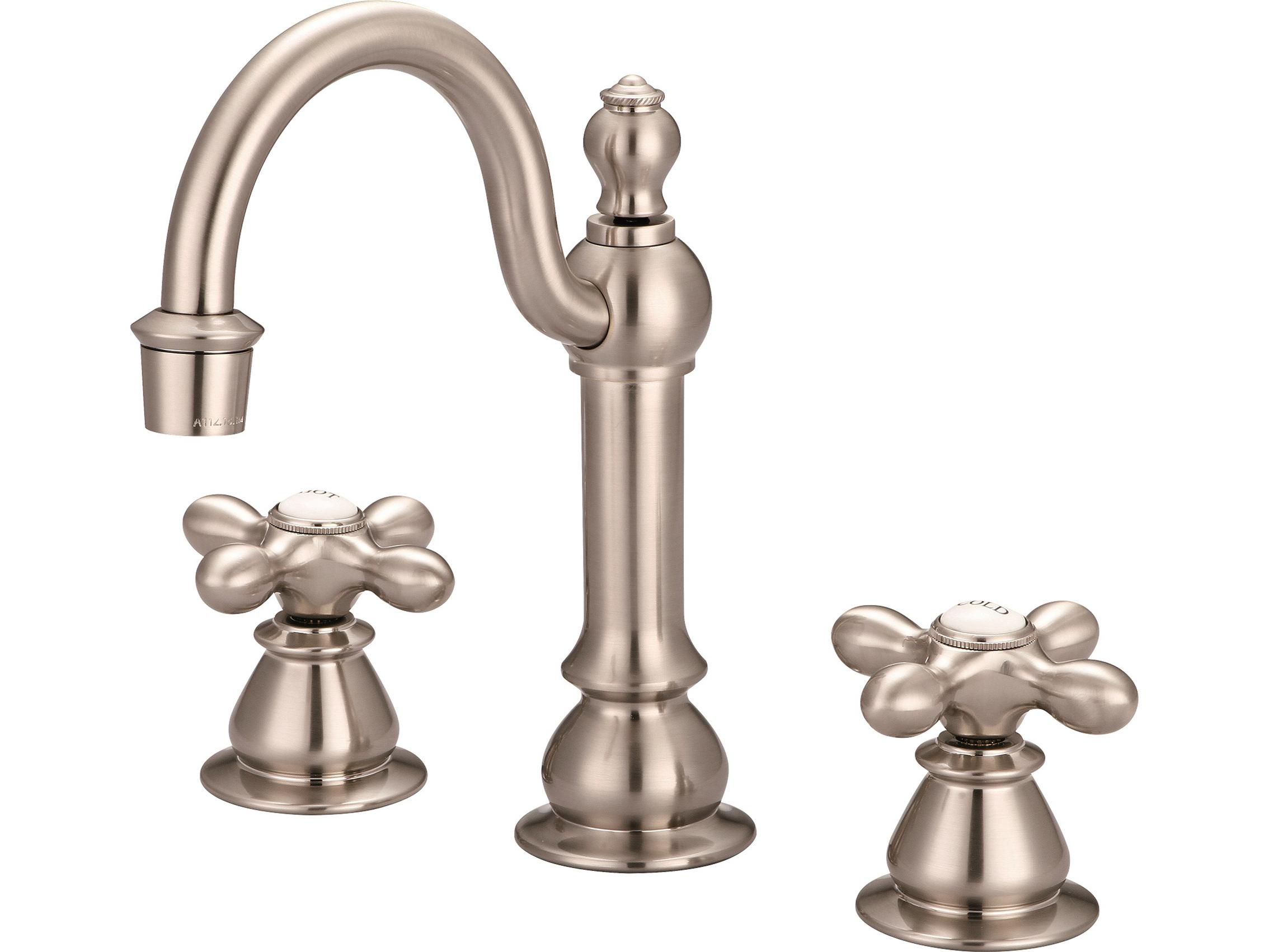 Water Creation Bea Classic Hook Spout Widespread Deck Mount Lavatory Faucets With Pop-Up Drain in Brushed Nickel Finish With Metal Cross Handles
