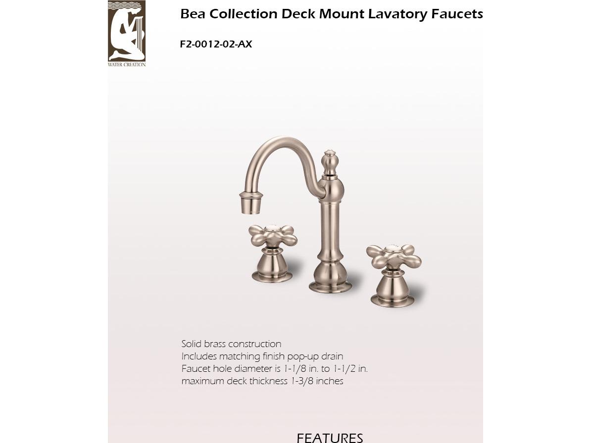 Water Creation Bea Classic Hook Spout Widespread Deck Mount Lavatory Faucets With Pop-Up Drain in Brushed Nickel Finish With Metal Cross Handles