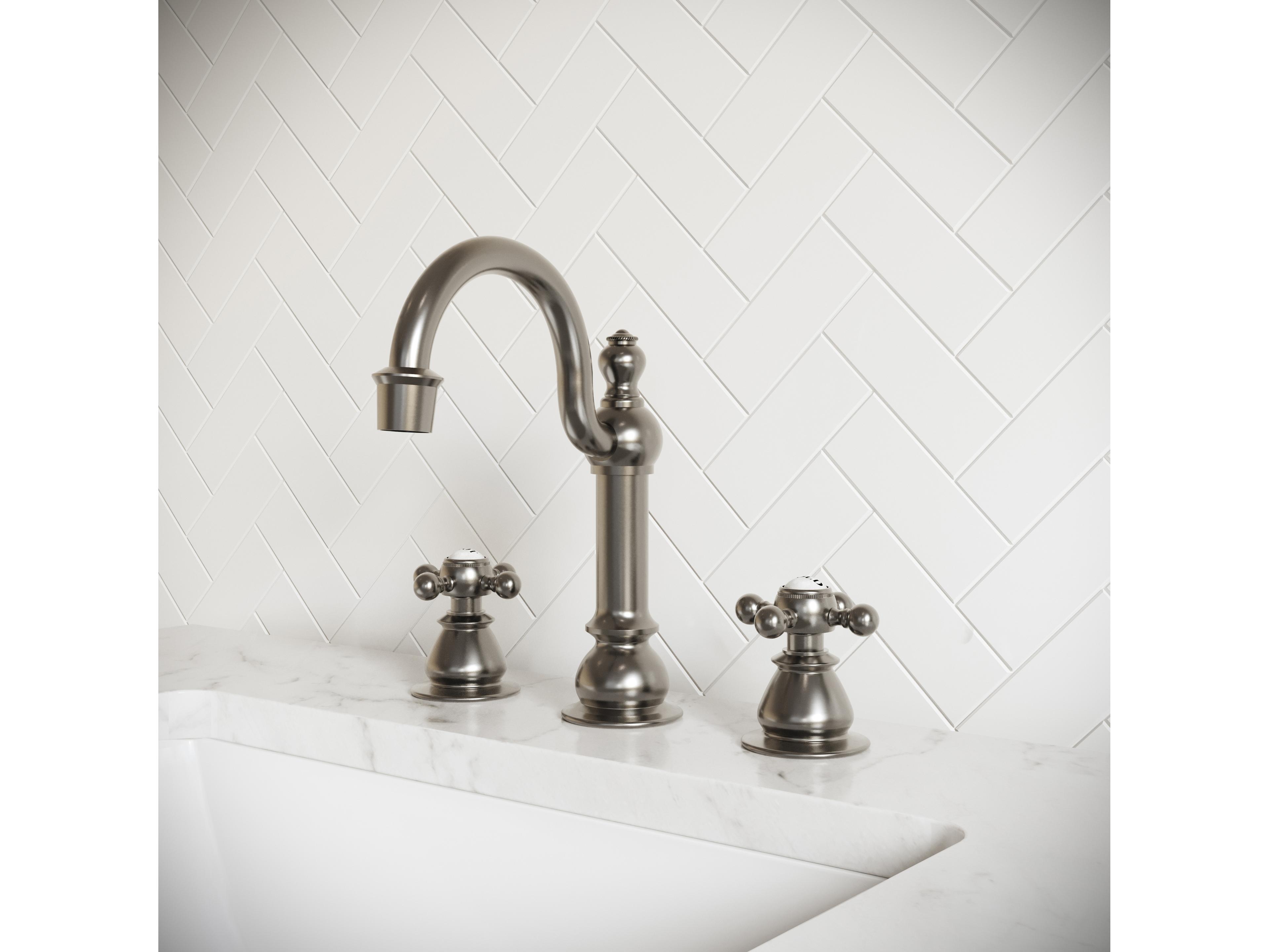 Water Creation Bea Classic Hook Spout Widespread Deck Mount Lavatory Faucets With Pop-Up Drain in Brushed Nickel Finish With British Cross Handles