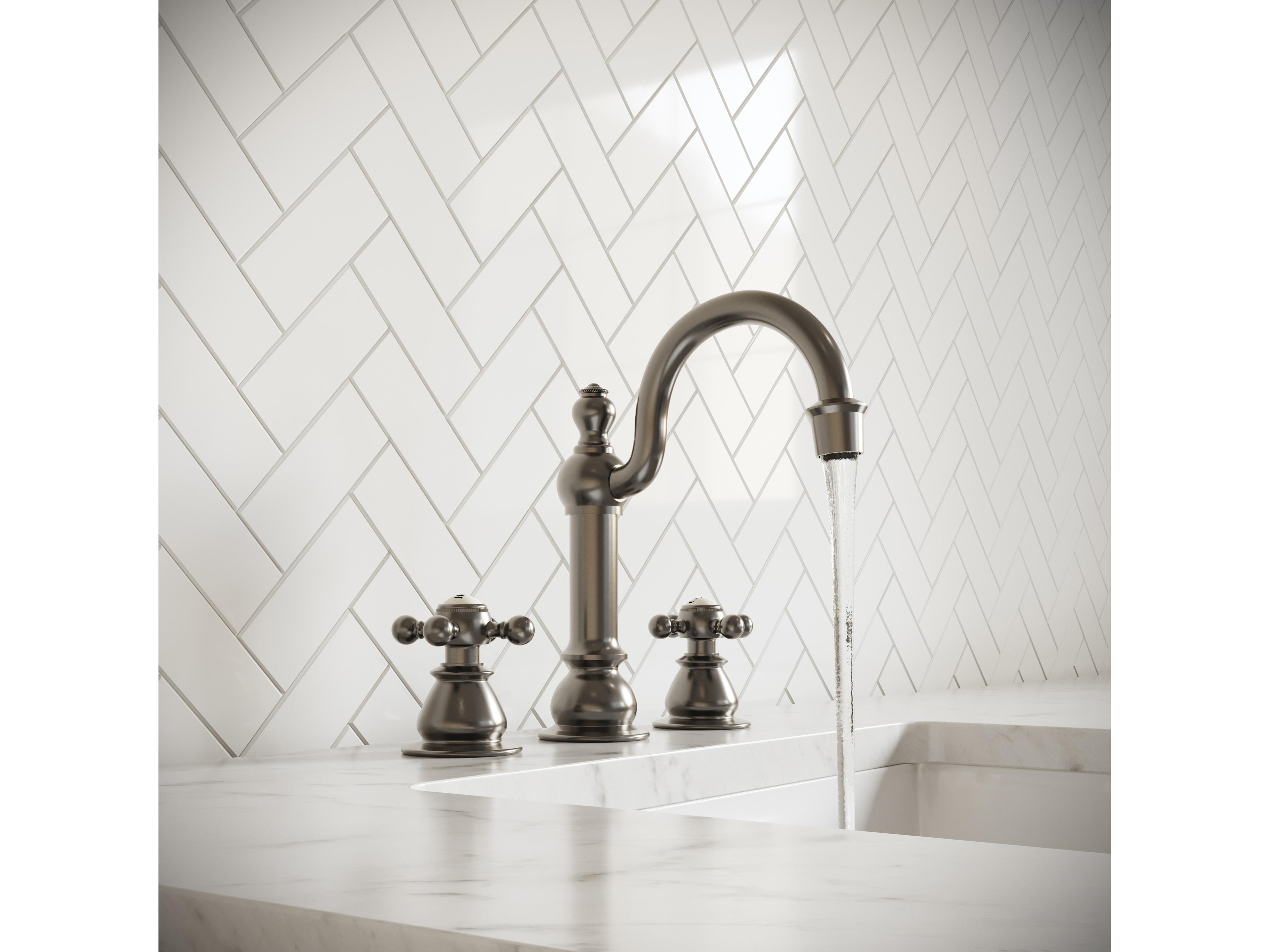 Water Creation Bea Classic Hook Spout Widespread Deck Mount Lavatory Faucets With Pop-Up Drain in Brushed Nickel Finish With British Cross Handles