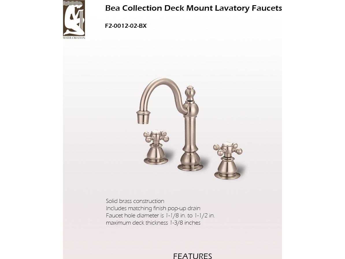 Water Creation Bea Classic Hook Spout Widespread Deck Mount Lavatory Faucets With Pop-Up Drain in Brushed Nickel Finish With British Cross Handles