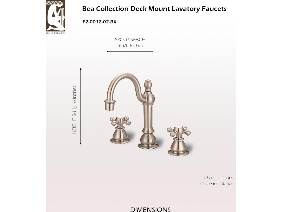 Water Creation Bea Classic Hook Spout Widespread Deck Mount Lavatory Faucets With Pop-Up Drain in Brushed Nickel Finish With British Cross Handles