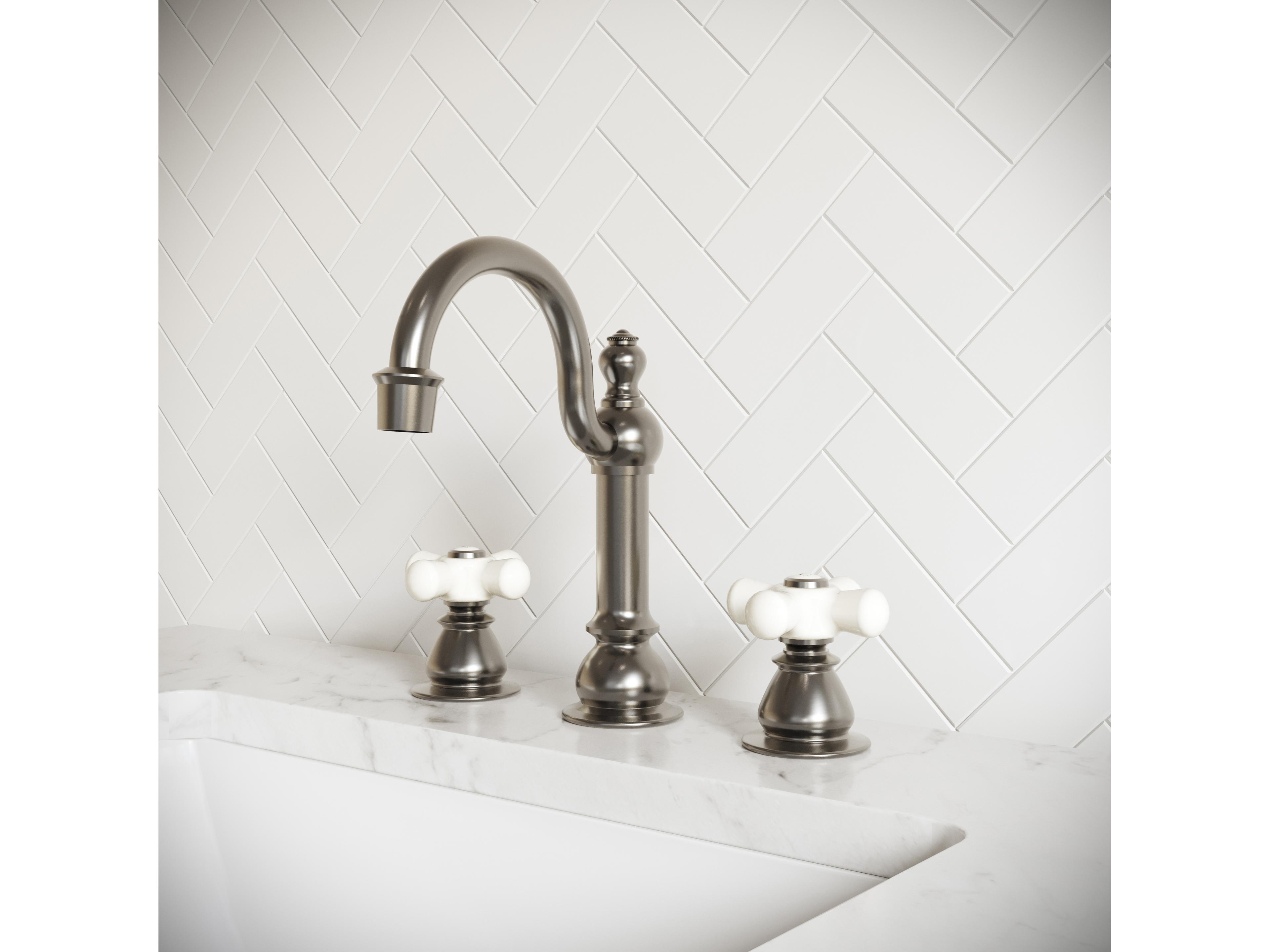 Water Creation Bea Classic Hook Spout Widespread Deck Mount Lavatory Faucets With Pop-Up Drain in Brushed Nickel Finish With Porcelain Cross Handles