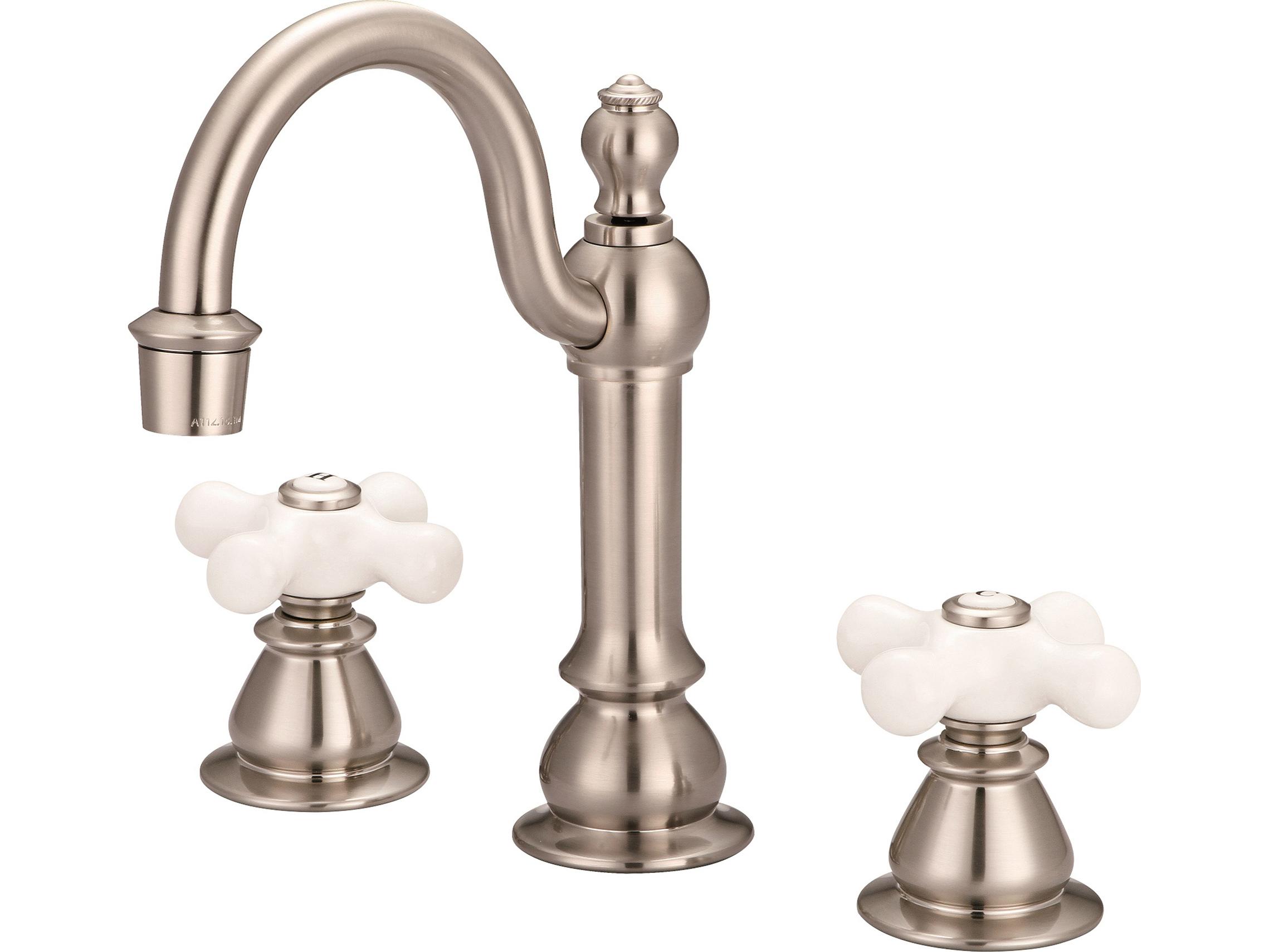Water Creation Bea Classic Hook Spout Widespread Deck Mount Lavatory Faucets With Pop-Up Drain in Brushed Nickel Finish With Porcelain Cross Handles