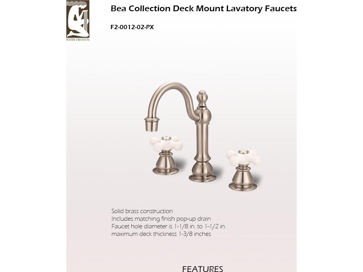 Water Creation Bea Classic Hook Spout Widespread Deck Mount Lavatory Faucets With Pop-Up Drain in Brushed Nickel Finish With Porcelain Cross Handles
