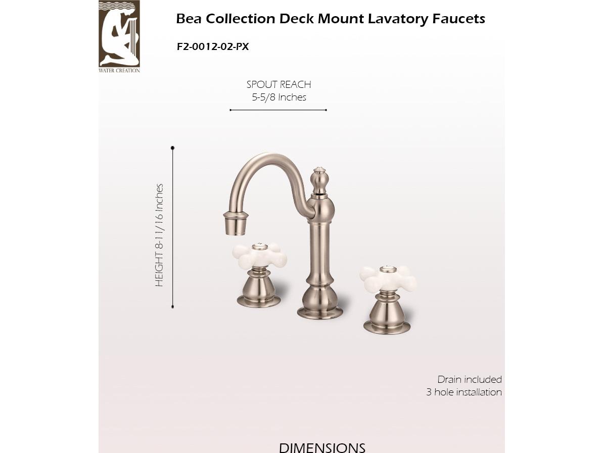 Water Creation Bea Classic Hook Spout Widespread Deck Mount Lavatory Faucets With Pop-Up Drain in Brushed Nickel Finish With Porcelain Cross Handles