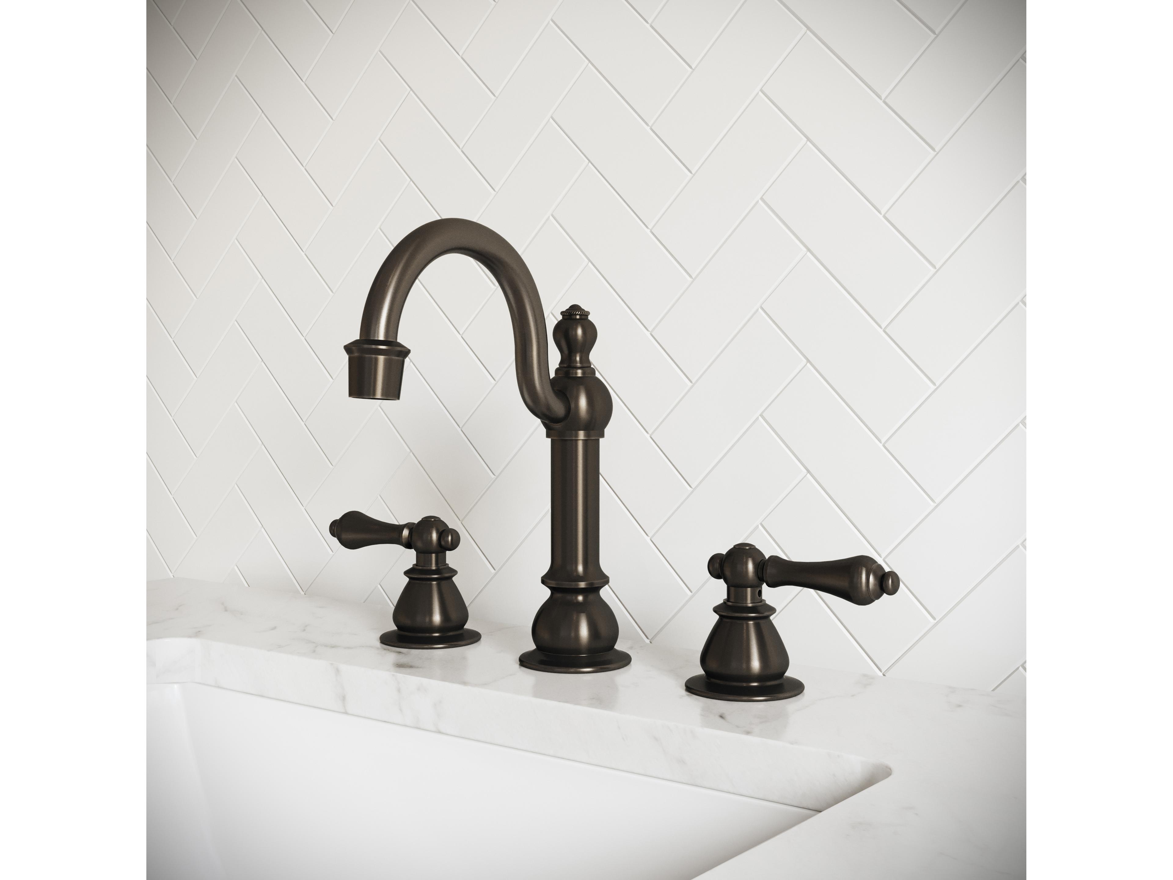 Water Creation Bea Classic Hook Spout Widespread Deck Mount Lavatory Faucets With Pop-Up Drain in Oil-Rubbed Bronze Finish With Metal Lever Handles