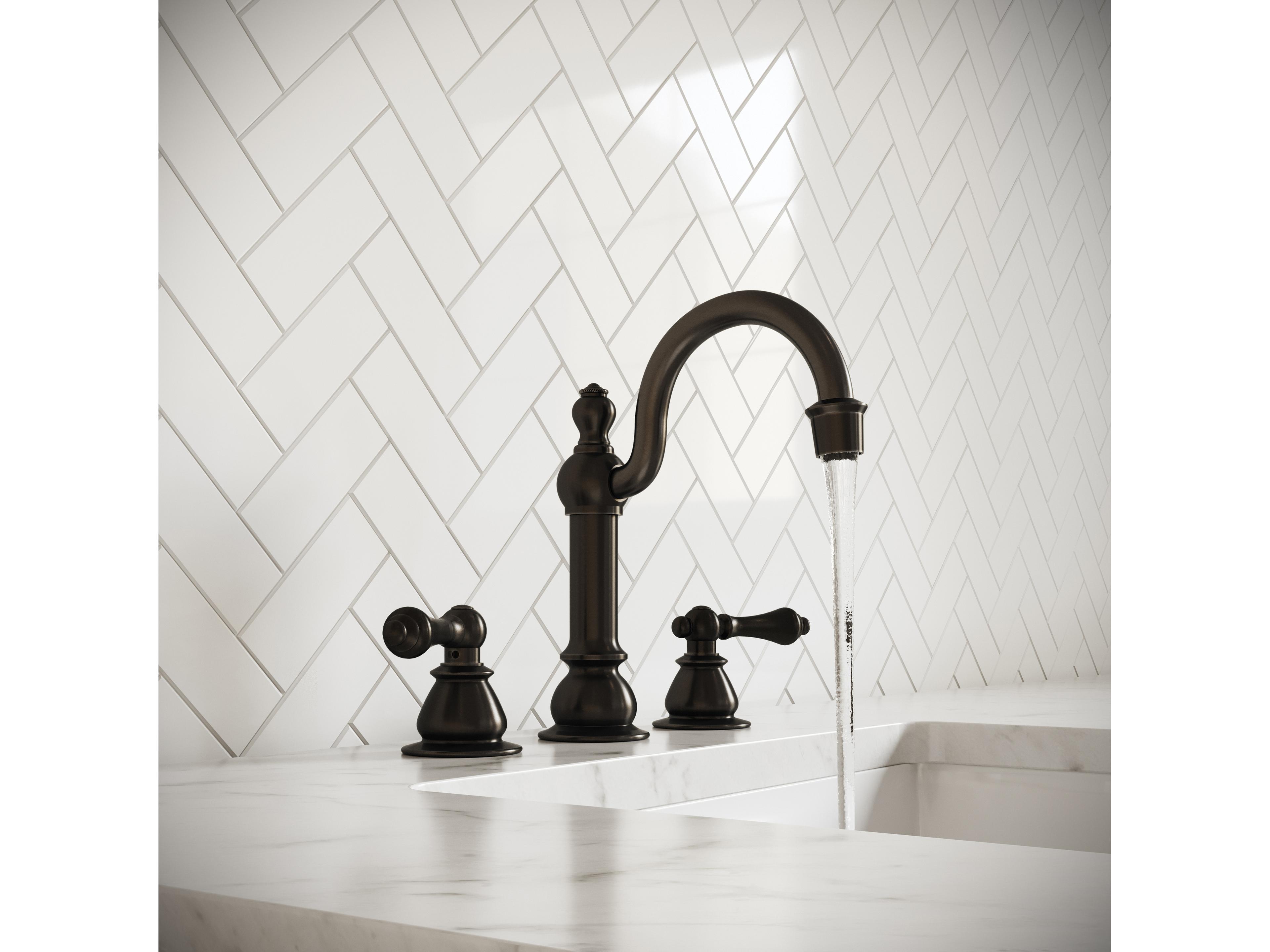 Water Creation Bea Classic Hook Spout Widespread Deck Mount Lavatory Faucets With Pop-Up Drain in Oil-Rubbed Bronze Finish With Metal Lever Handles