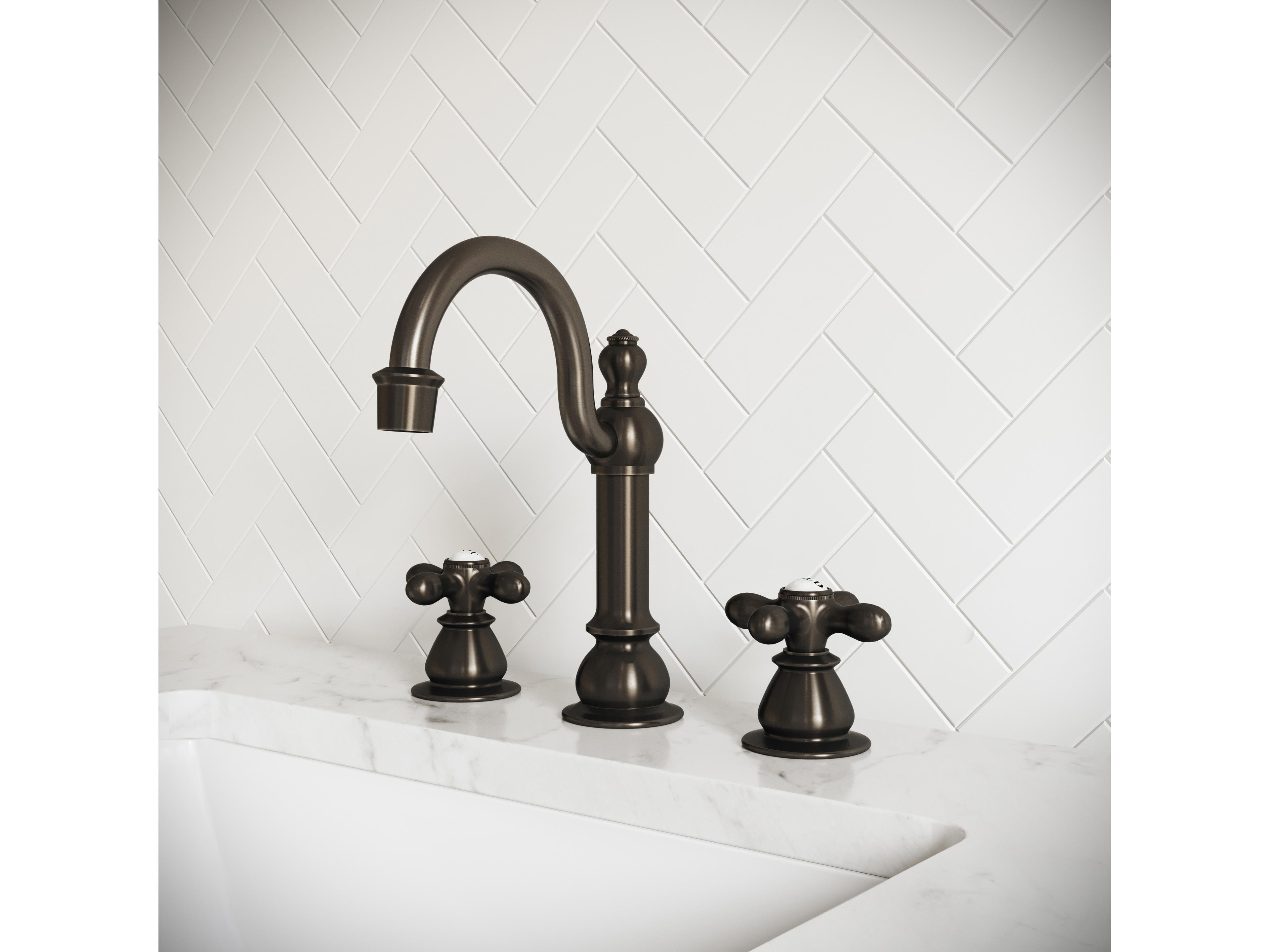 Water Creation Bea Classic Hook Spout Widespread Deck Mount Lavatory Faucets With Pop-Up Drain in Oil-Rubbed Bronze Finish With Metal Cross Handles