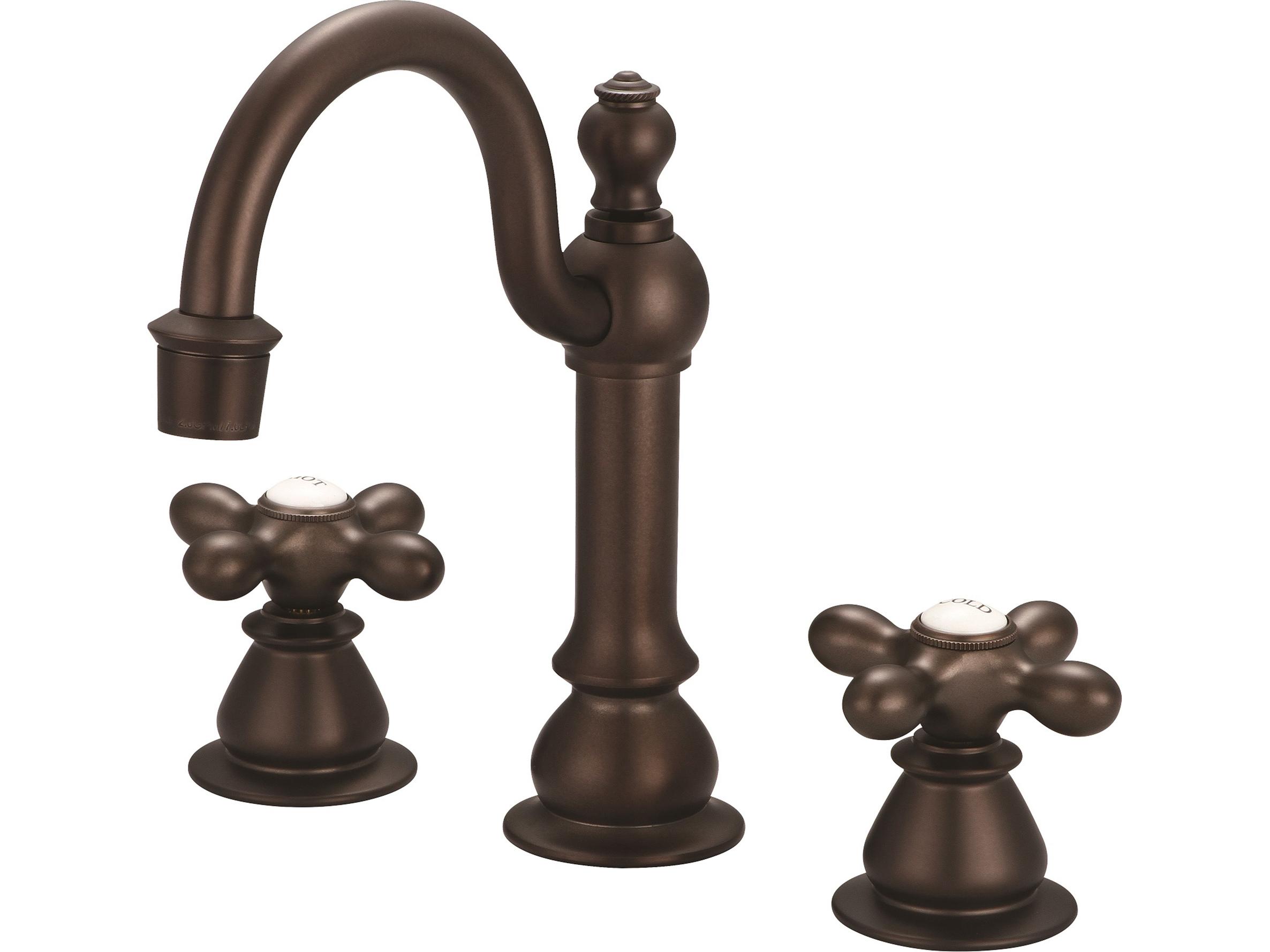 Water Creation Bea Classic Hook Spout Widespread Deck Mount Lavatory Faucets With Pop-Up Drain in Oil-Rubbed Bronze Finish With Metal Cross Handles
