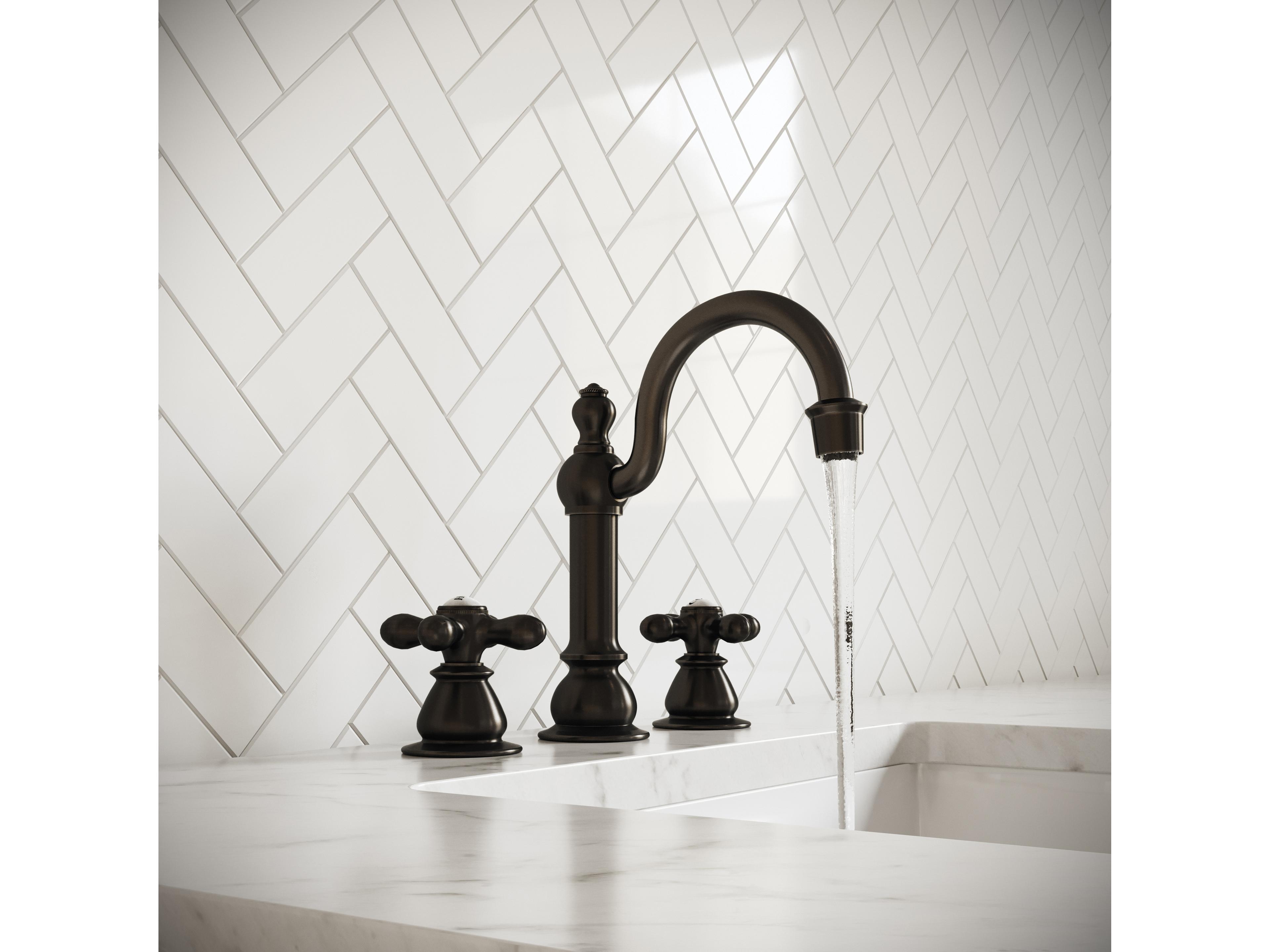 Water Creation Bea Classic Hook Spout Widespread Deck Mount Lavatory Faucets With Pop-Up Drain in Oil-Rubbed Bronze Finish With Metal Cross Handles