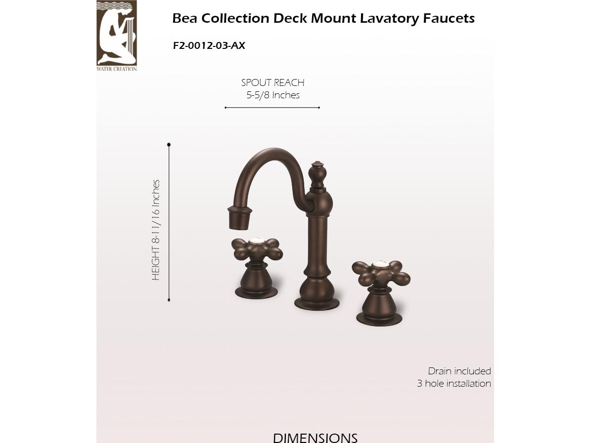 Water Creation Bea Classic Hook Spout Widespread Deck Mount Lavatory Faucets With Pop-Up Drain in Oil-Rubbed Bronze Finish With Metal Cross Handles