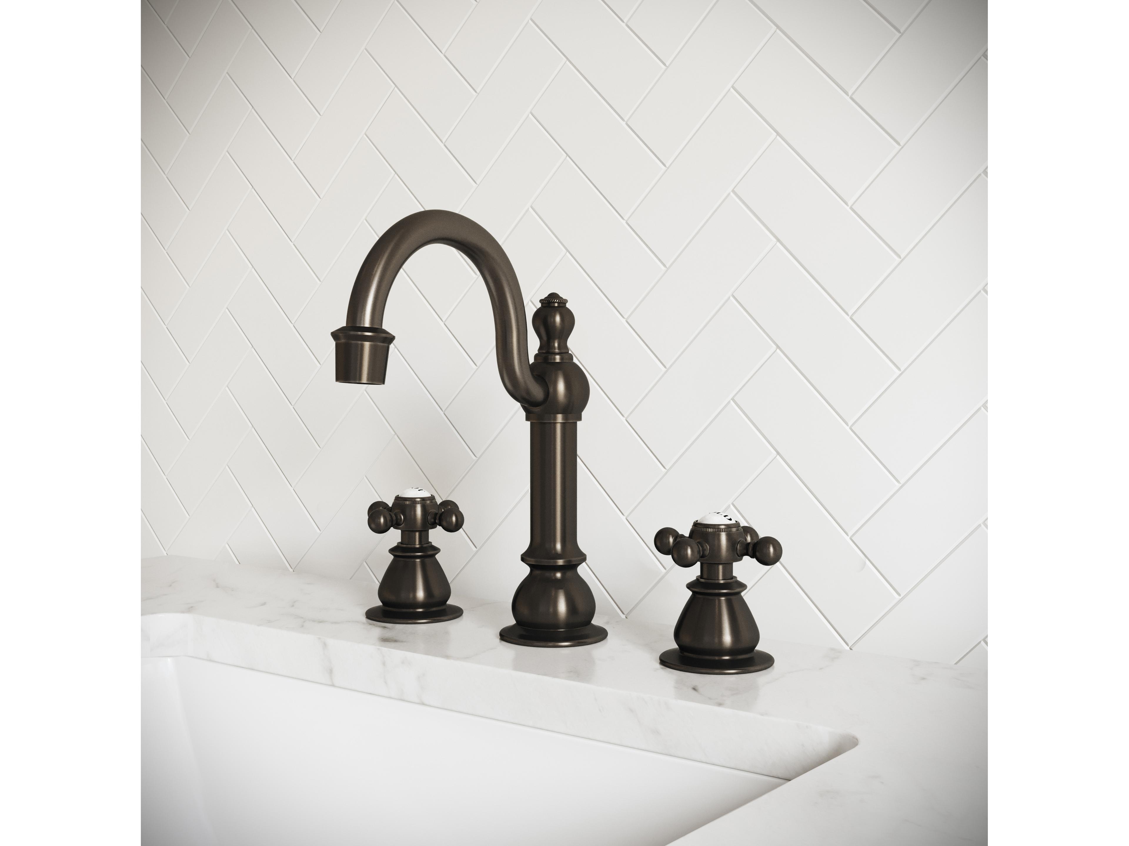 Water Creation Bea Classic Hook Spout Widespread Deck Mount Lavatory Faucets With Pop-Up Drain in Oil-Rubbed Bronze Finish With British Cross Handles