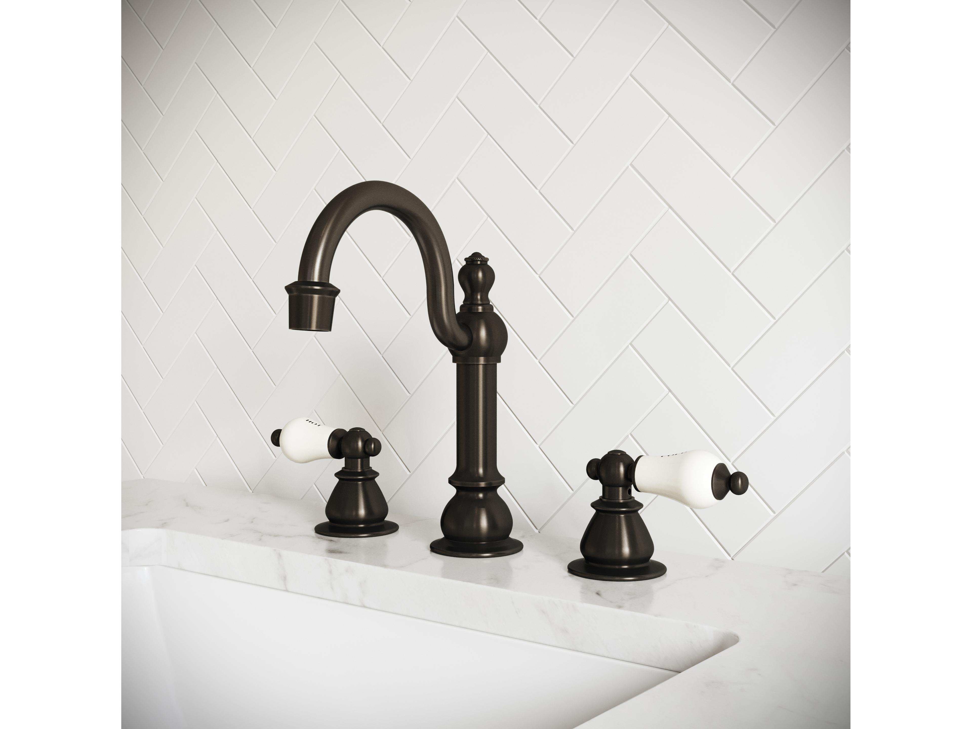 Water Creation Bea Classic Hook Spout Widespread Deck Mount Lavatory Faucets With Pop-Up Drain in Oil-Rubbed Bronze Finish With Porcelain Lever Handles