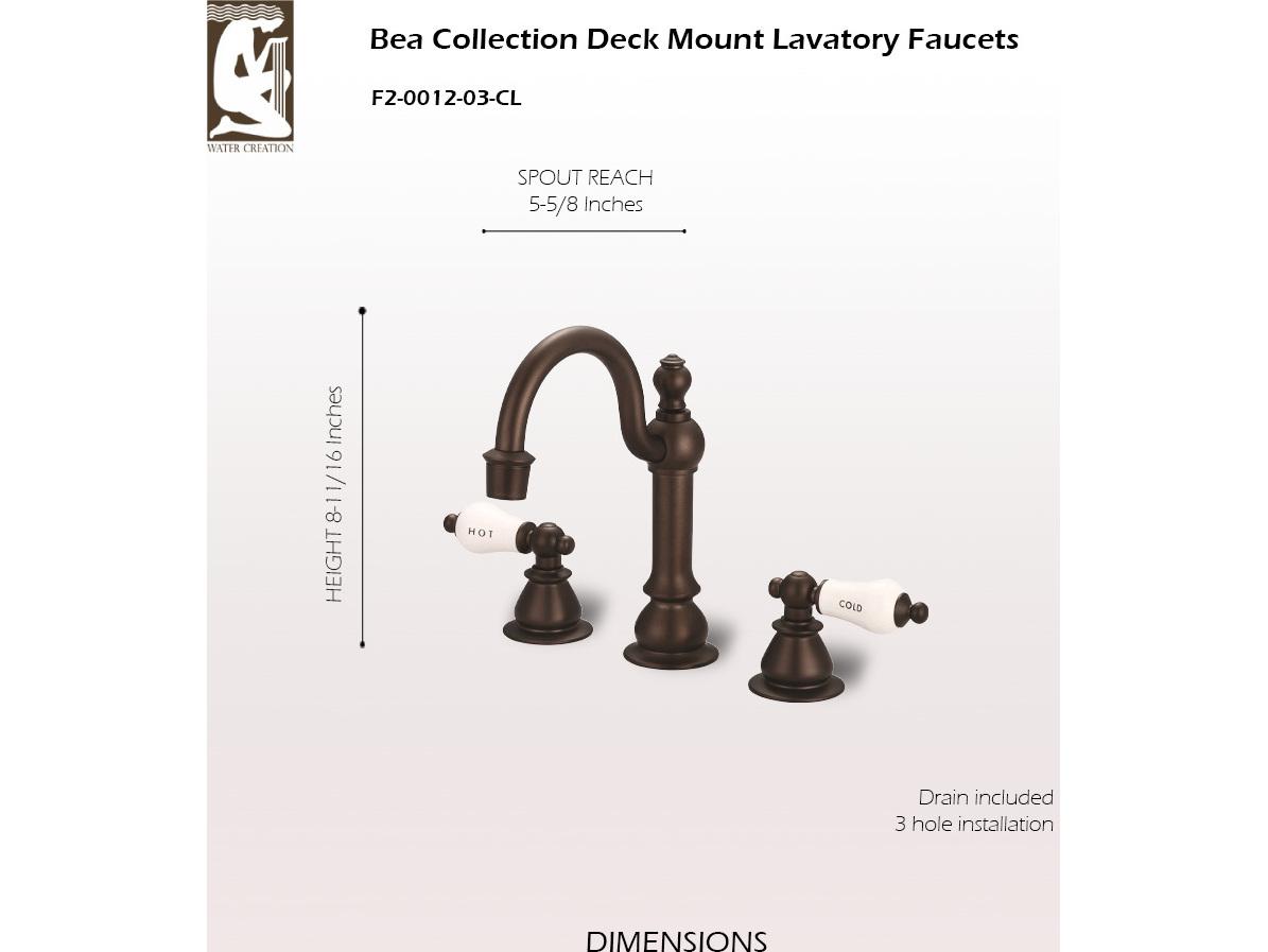 Water Creation Bea Classic Hook Spout Widespread Deck Mount Lavatory Faucets With Pop-Up Drain in Oil-Rubbed Bronze Finish With Porcelain Lever Handles