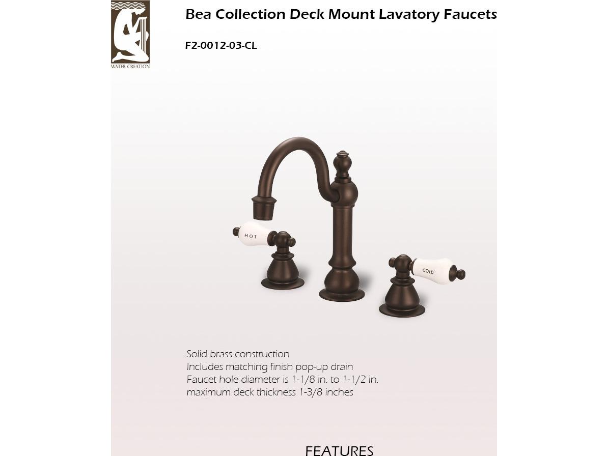 Water Creation Bea Classic Hook Spout Widespread Deck Mount Lavatory Faucets With Pop-Up Drain in Oil-Rubbed Bronze Finish With Porcelain Lever Handles