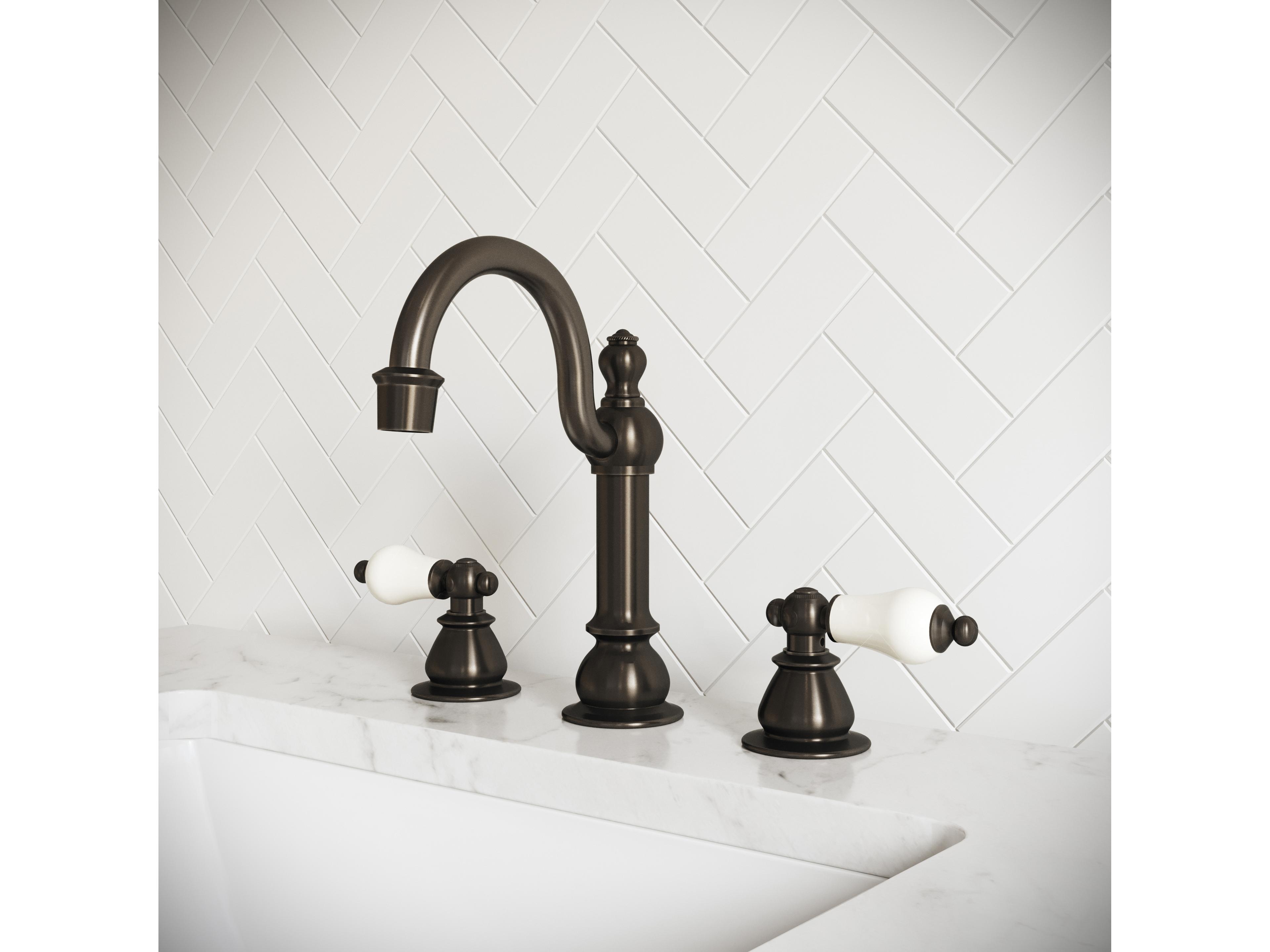 Water Creation Bea Classic Hook Spout Widespread Deck Mount Lavatory Faucets With Pop-Up Drain in Oil-Rubbed Bronze Finish With Porcelain Lever Handles