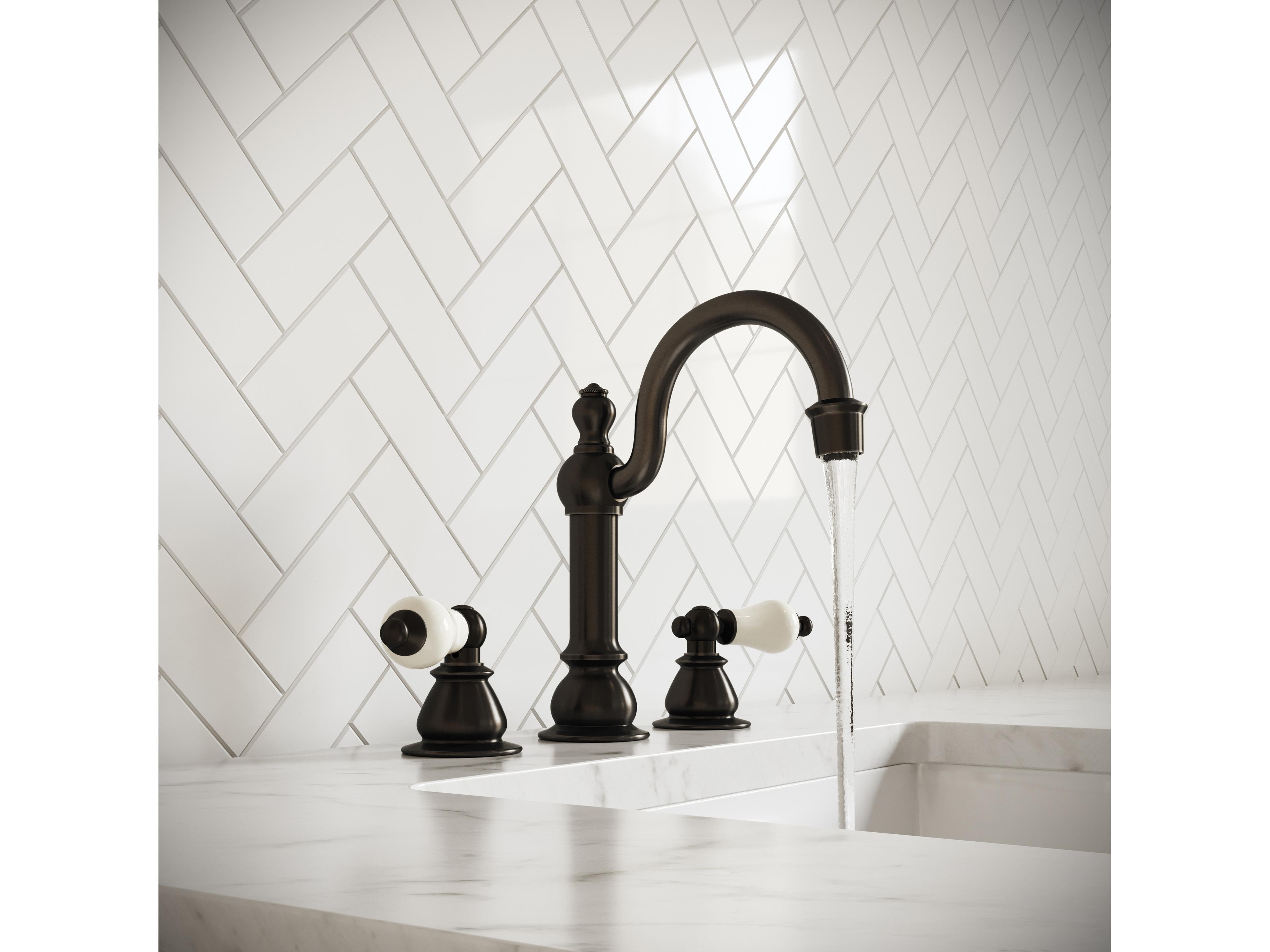 Water Creation Bea Classic Hook Spout Widespread Deck Mount Lavatory Faucets With Pop-Up Drain in Oil-Rubbed Bronze Finish With Porcelain Lever Handles