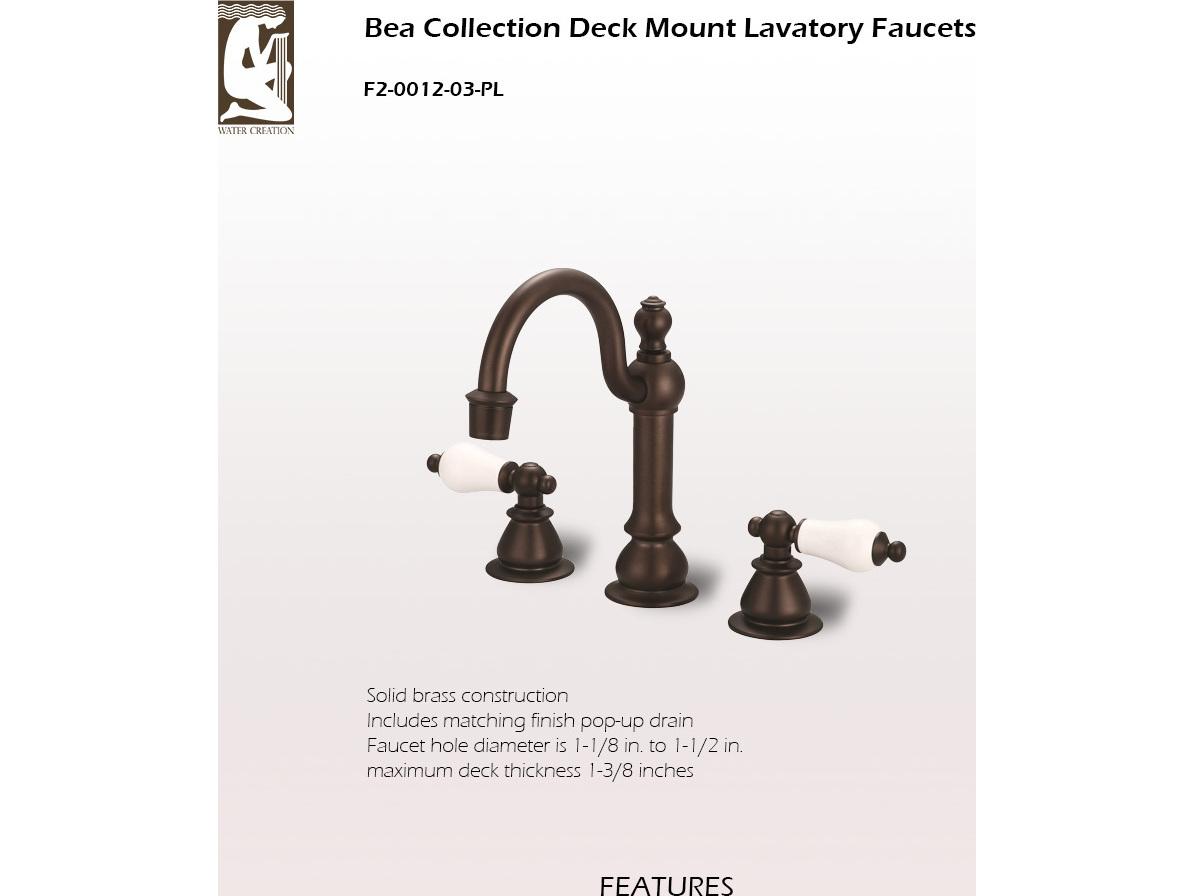 Water Creation Bea Classic Hook Spout Widespread Deck Mount Lavatory Faucets With Pop-Up Drain in Oil-Rubbed Bronze Finish With Porcelain Lever Handles