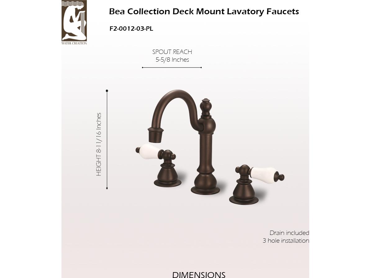 Water Creation Bea Classic Hook Spout Widespread Deck Mount Lavatory Faucets With Pop-Up Drain in Oil-Rubbed Bronze Finish With Porcelain Lever Handles