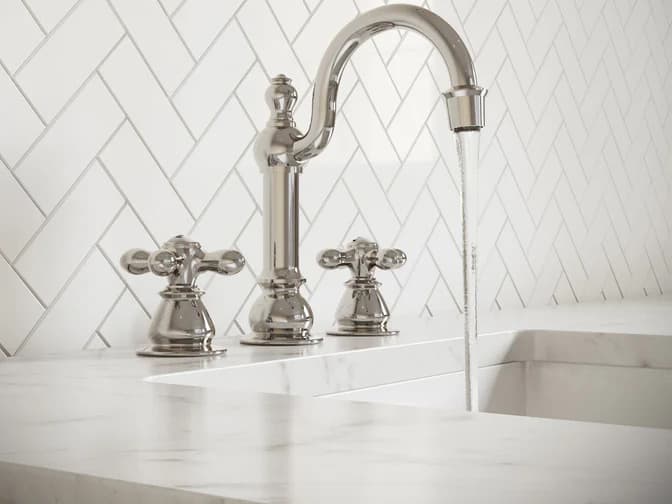 Water Creation Bea 20th Century Classic Hook Spout Widespread Deck Mount Lavatory Faucets