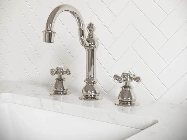 Water Creation Bea 20th Century Classic Hook Spout Widespread Deck Mount Lavatory Faucets