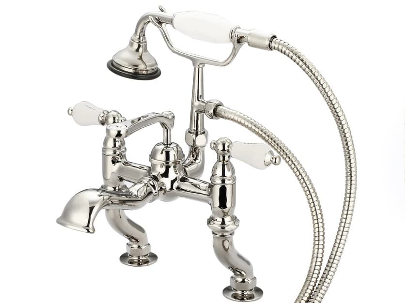 Water Creation Cara 3-Handle Vintage Claw Foot Tub Faucet with Labeled Porcelain Lever Handles and Hand Shower in Polished Nickel (PVD)