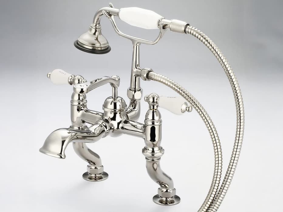 Water Creation Cara 3-Handle Vintage Claw Foot Tub Faucet with Labeled Porcelain Lever Handles and Hand Shower in Polished Nickel (PVD)