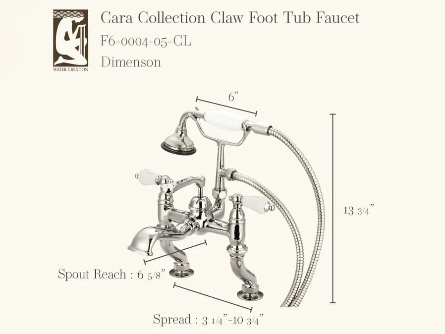 Water Creation Cara 3-Handle Vintage Claw Foot Tub Faucet with Labeled Porcelain Lever Handles and Hand Shower in Polished Nickel (PVD)
