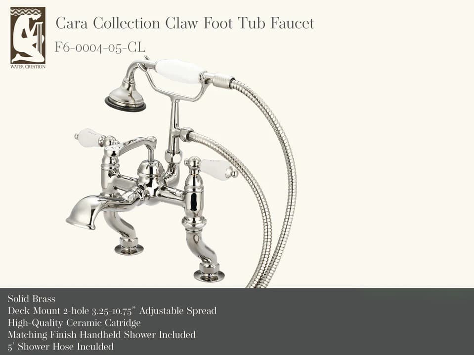 Water Creation Cara 3-Handle Vintage Claw Foot Tub Faucet with Labeled Porcelain Lever Handles and Hand Shower in Polished Nickel (PVD)