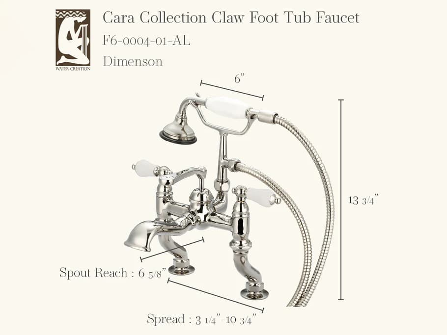 Water Creation Cara 3-Handle Vintage Claw Foot Tub Faucet with Labeled Porcelain Lever Handles and Hand Shower in Polished Nickel (PVD)