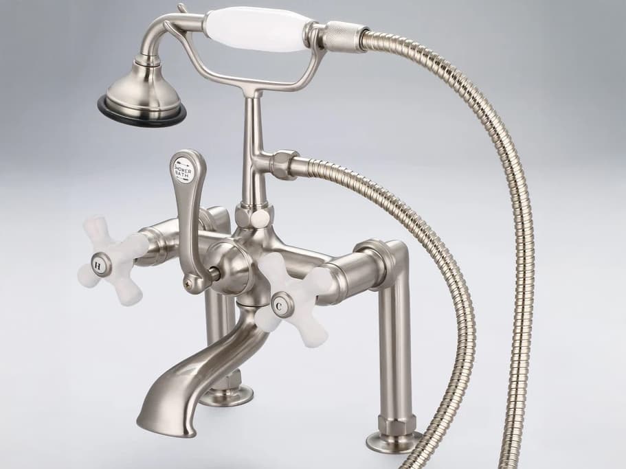 Water Creation Hera 3-Handle Vintage Claw Foot Tub Faucet with Hand Shower and Porcelain Cross Handles in Brush Nickel