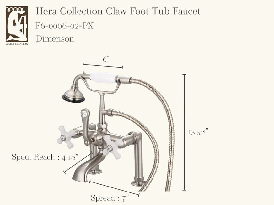 Water Creation Hera 3-Handle Vintage Claw Foot Tub Faucet with Hand Shower and Porcelain Cross Handles in Brush Nickel