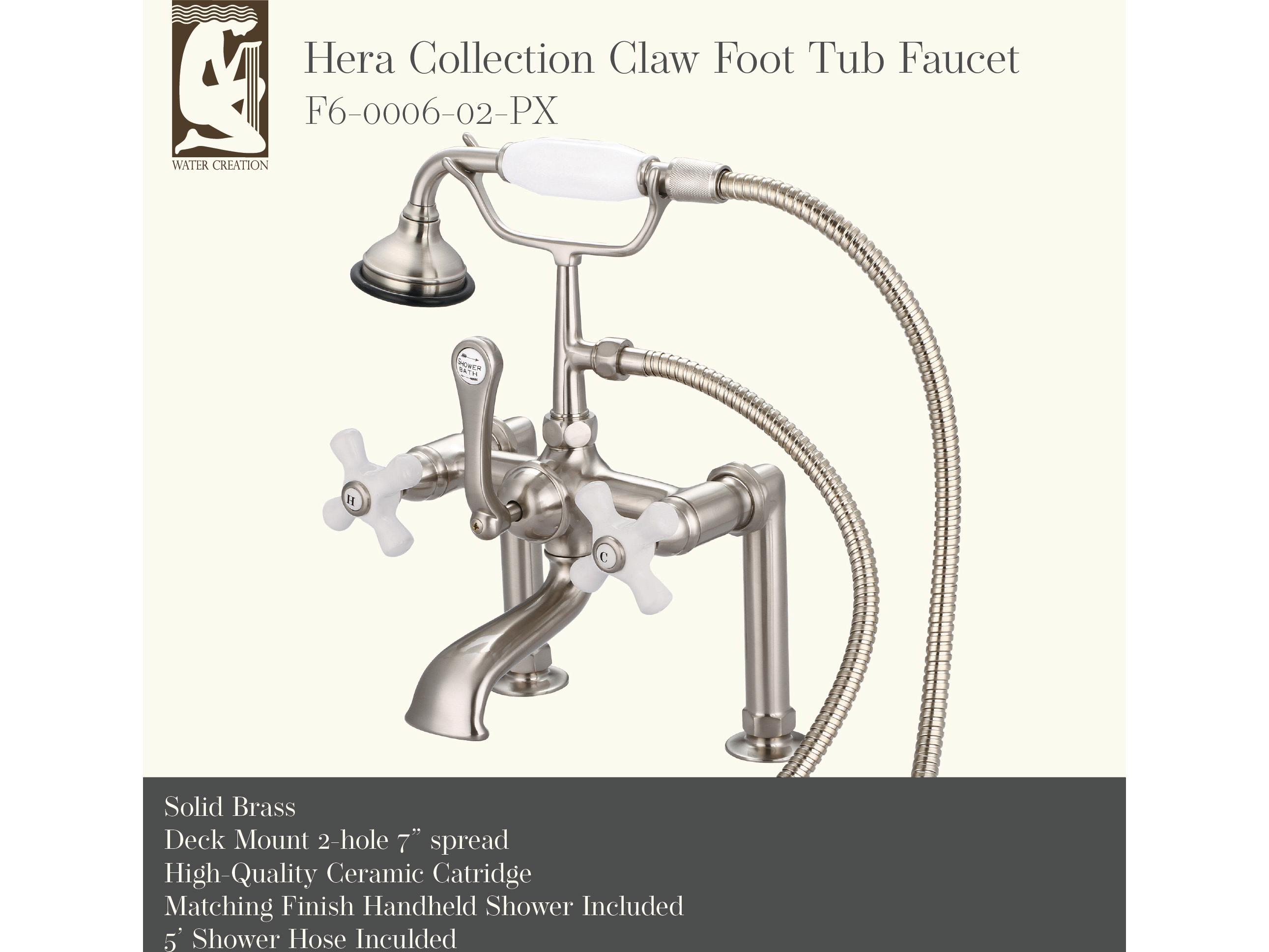 Water Creation Hera 3-Handle Vintage Claw Foot Tub Faucet with Hand Shower and Porcelain Cross Handles in Brush Nickel