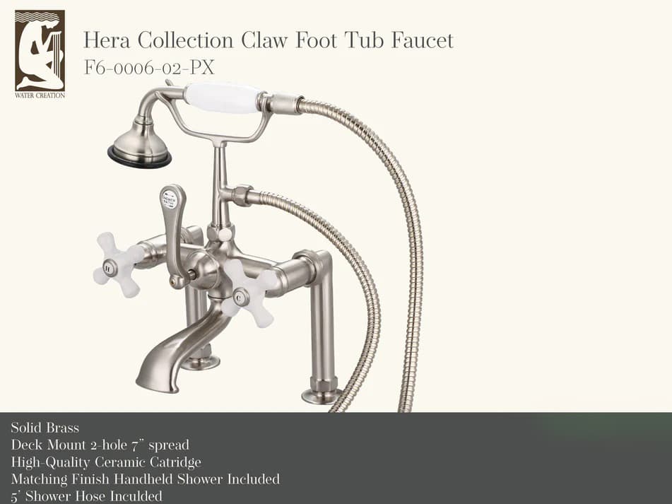 Water Creation Hera 3-Handle Vintage Claw Foot Tub Faucet with Hand Shower and Porcelain Cross Handles in Brush Nickel