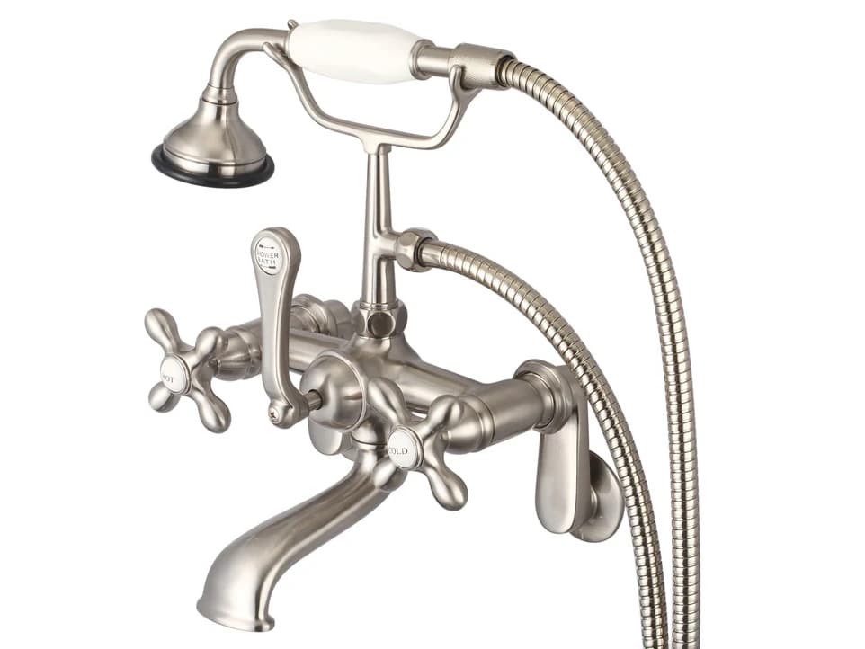 Water Creation Cayo 3-Handle Vintage Claw Foot Tub Faucet with Cross Handles and Hand Shower in Brush Nickel